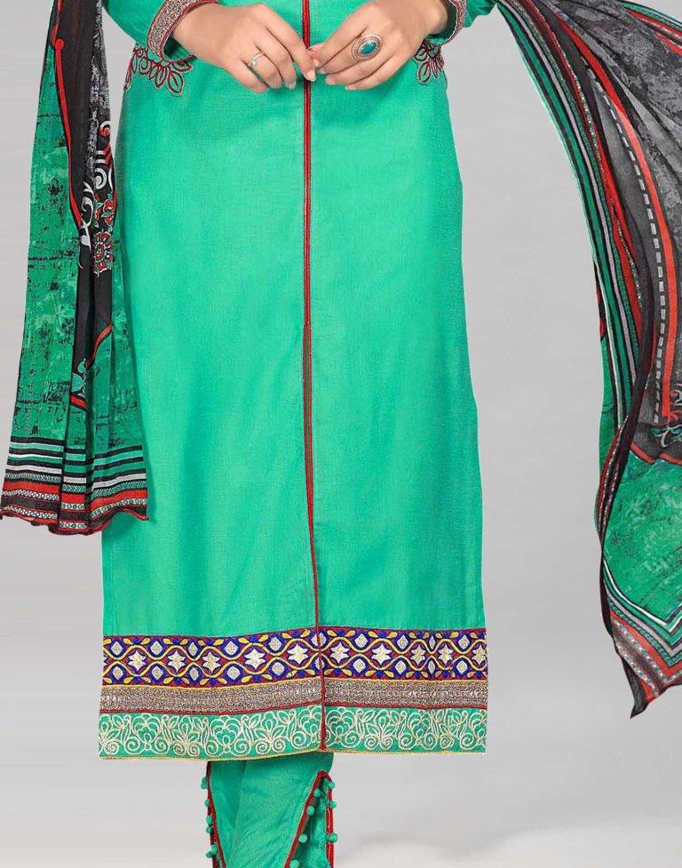 Green Glace Cotton Embroidered Unstitched Salwar Suit