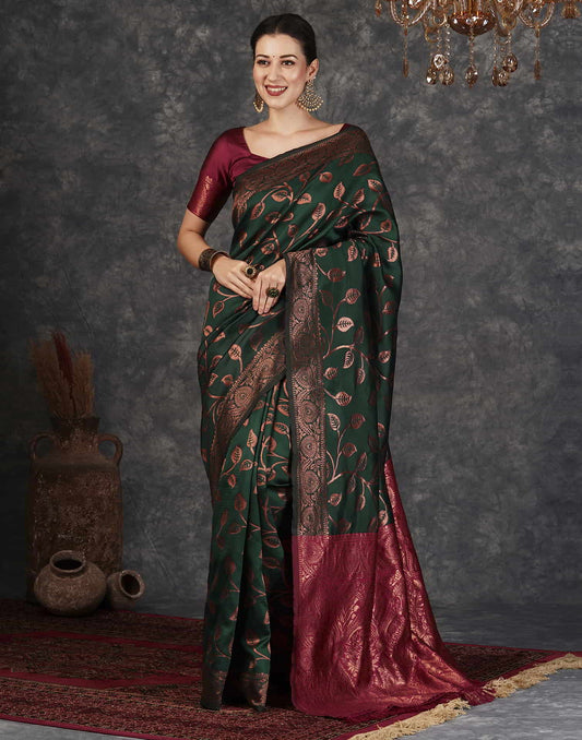 Green Banarasi Silk Woven Saree With Tassels