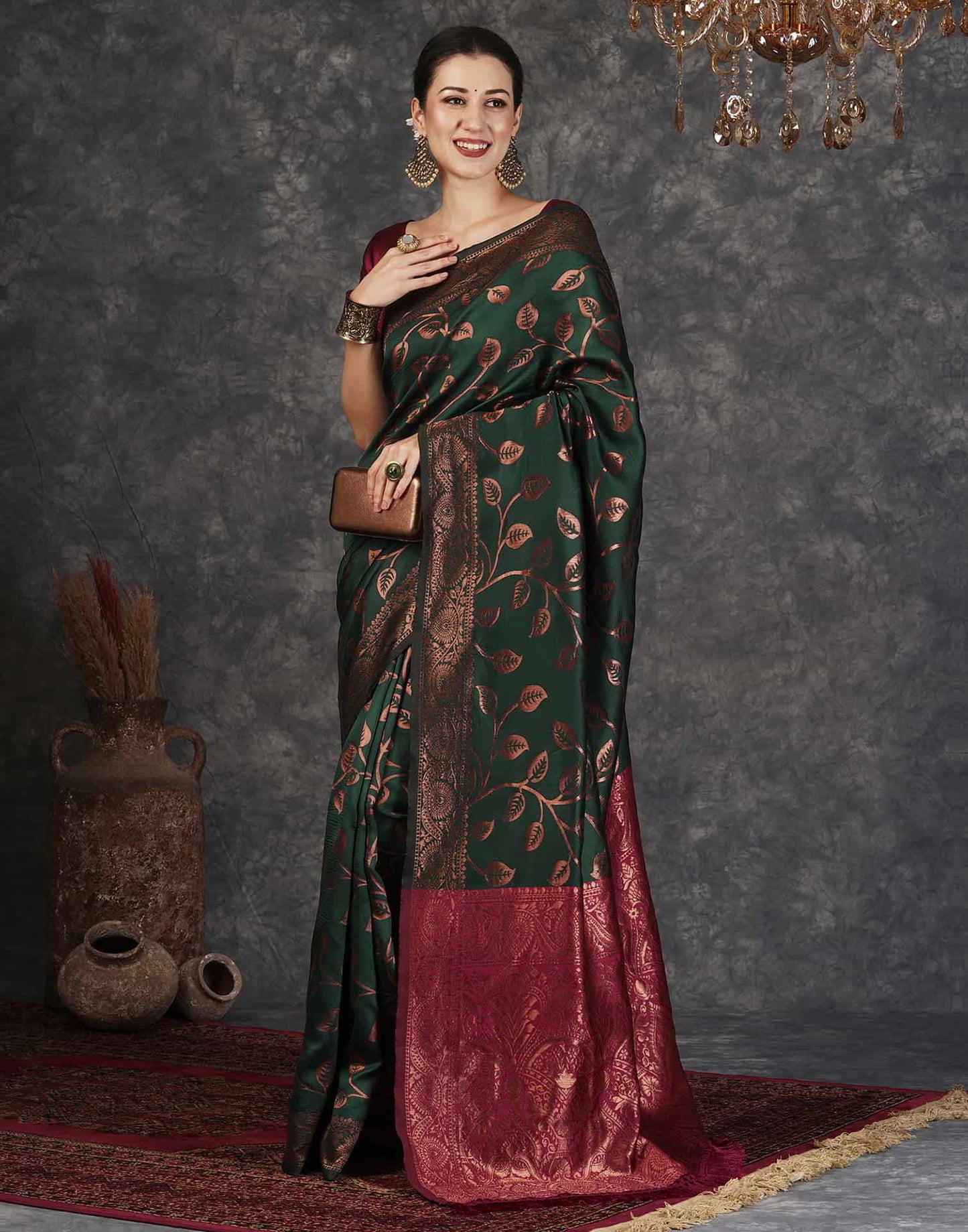 Green Banarasi Silk Woven Saree With Tassels