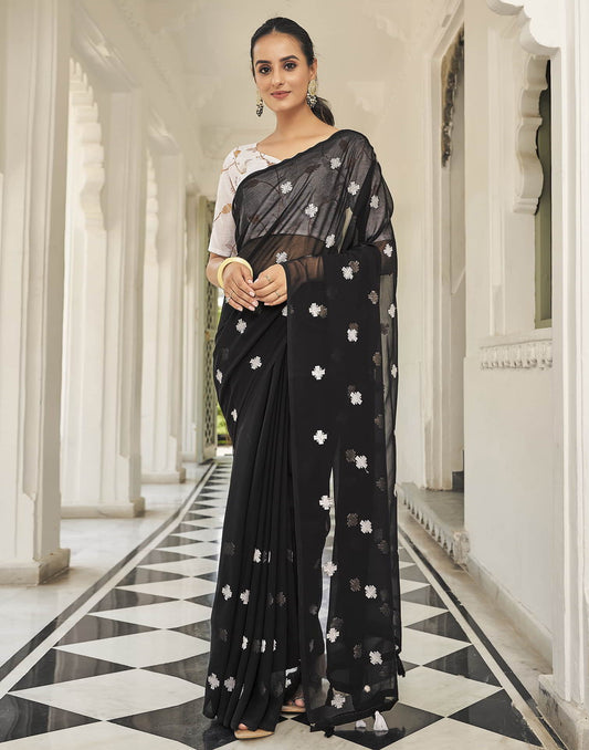 Black Printed Georgette Embroidery Saree