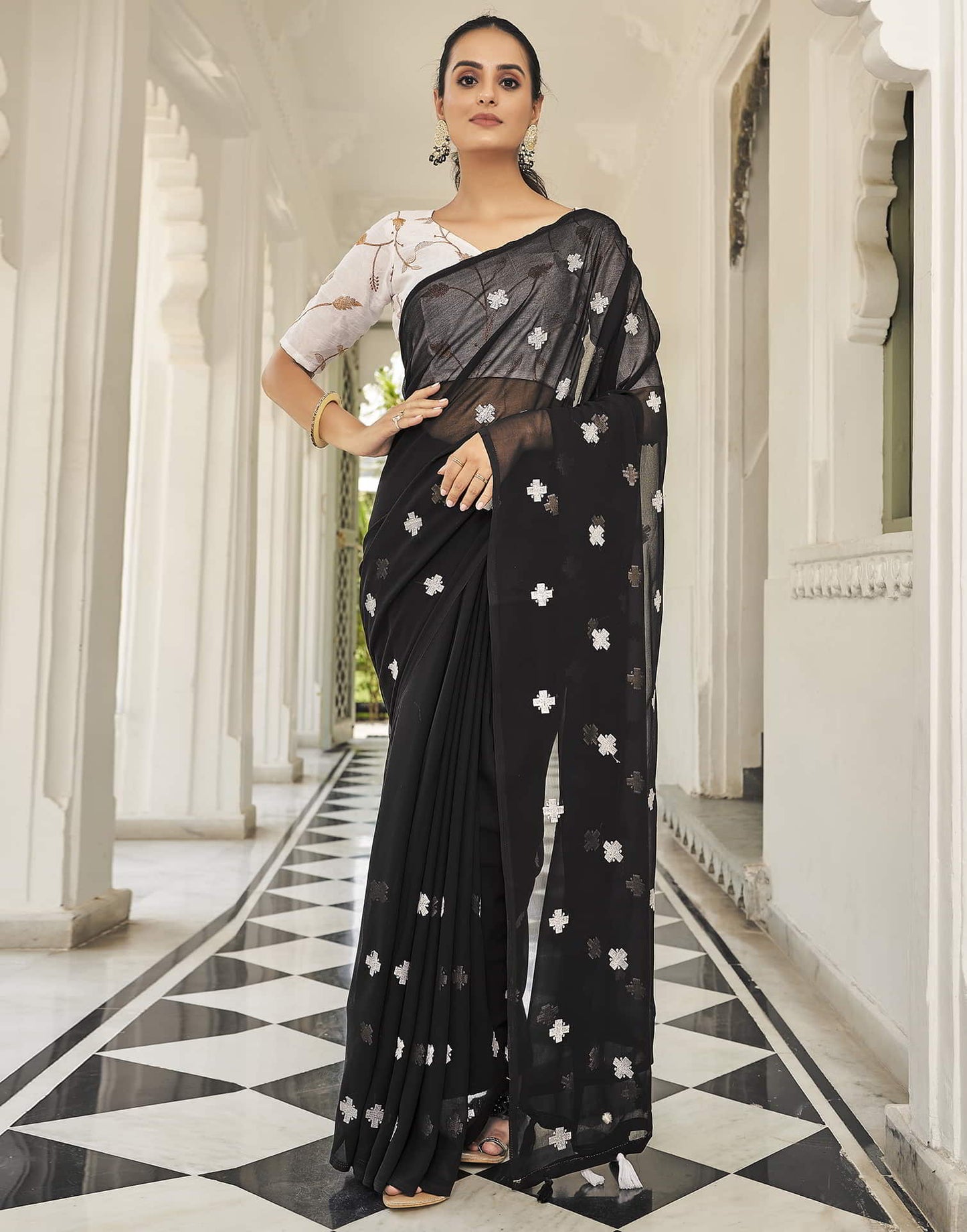 Black Printed Georgette Embroidery Saree