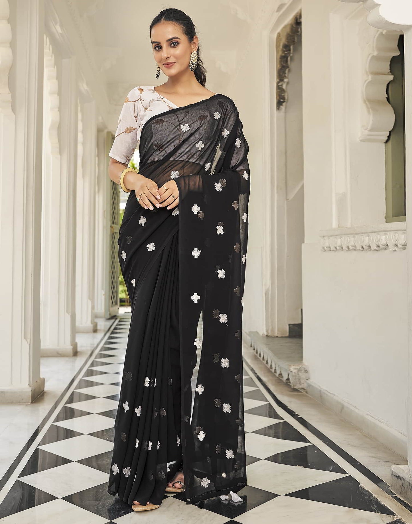 Black Printed Georgette Embroidery Saree