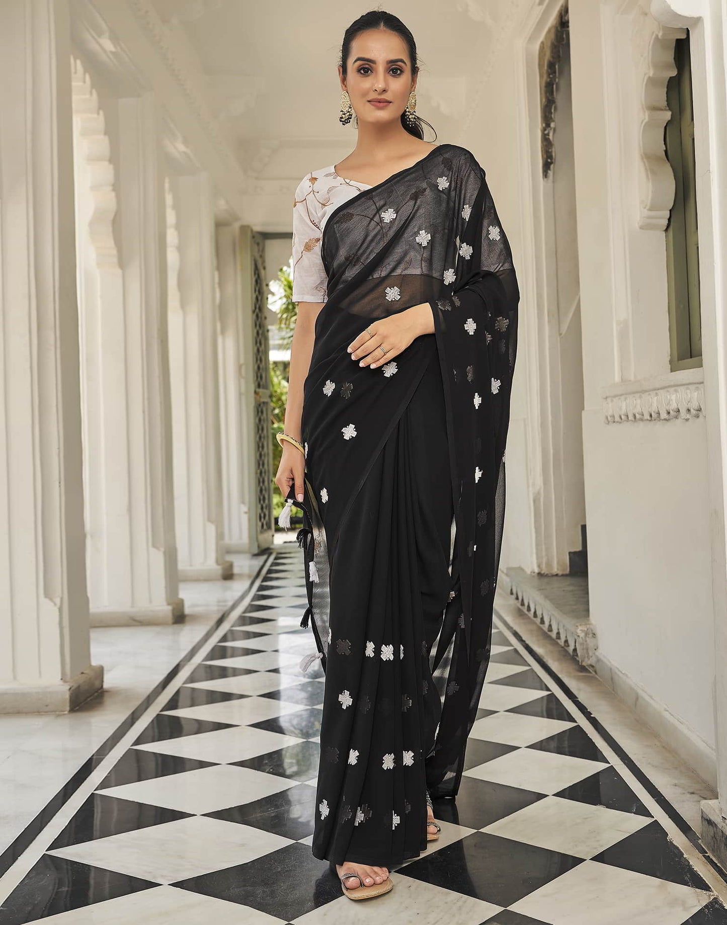 Black Printed Georgette Embroidery Saree