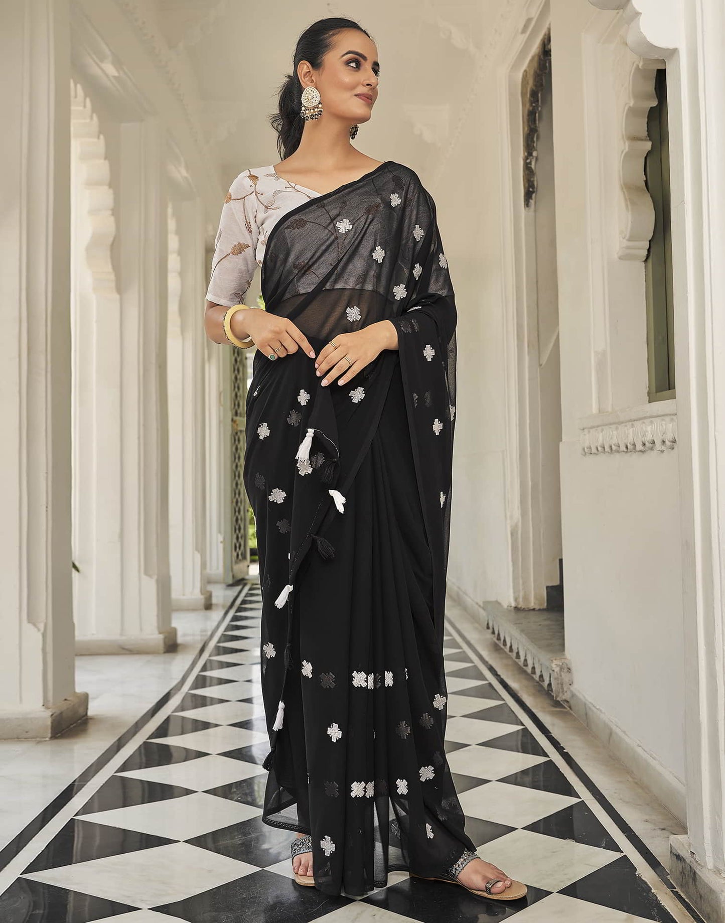 Black Printed Georgette Embroidery Saree