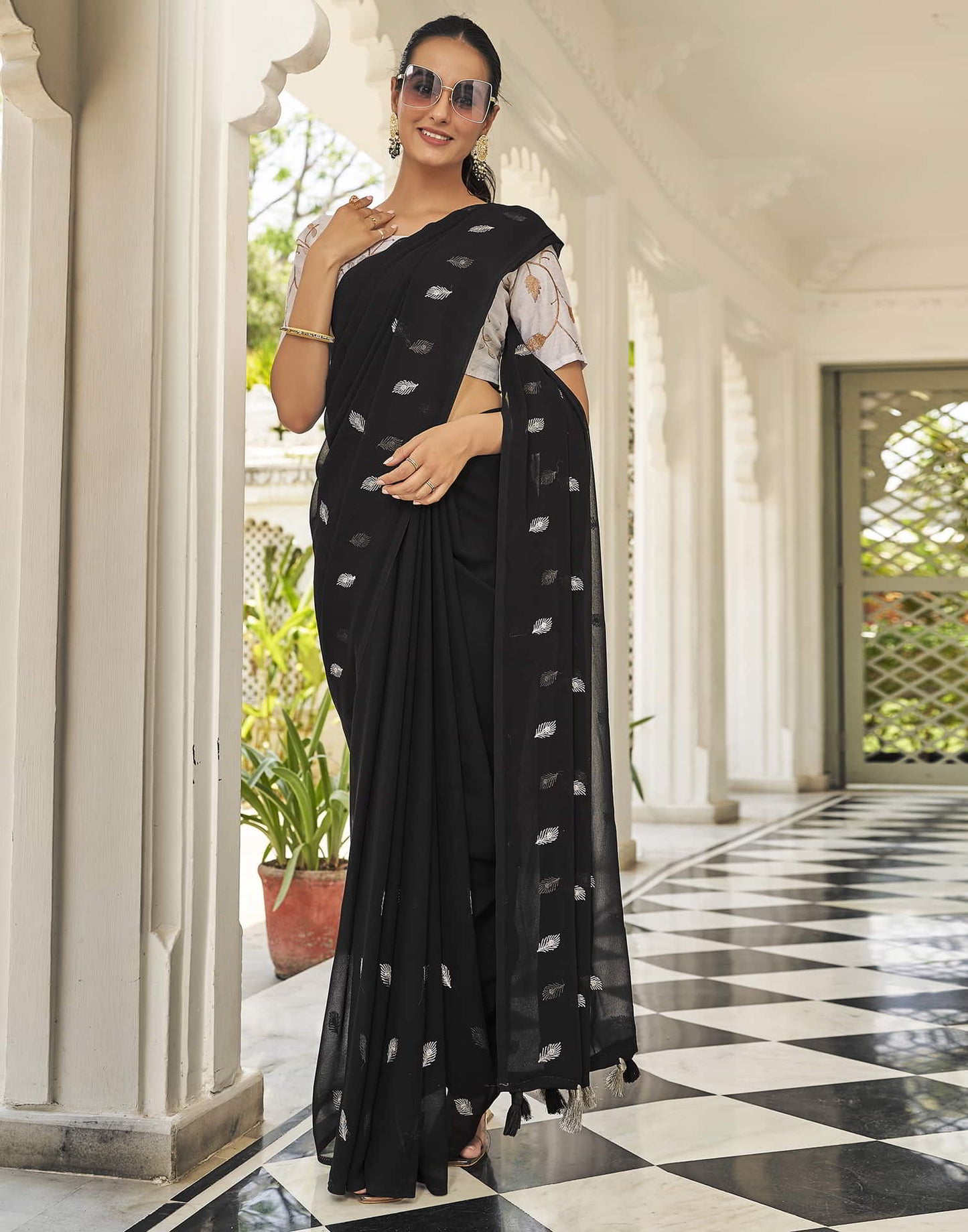 Black Printed Georgette Embroidery Saree