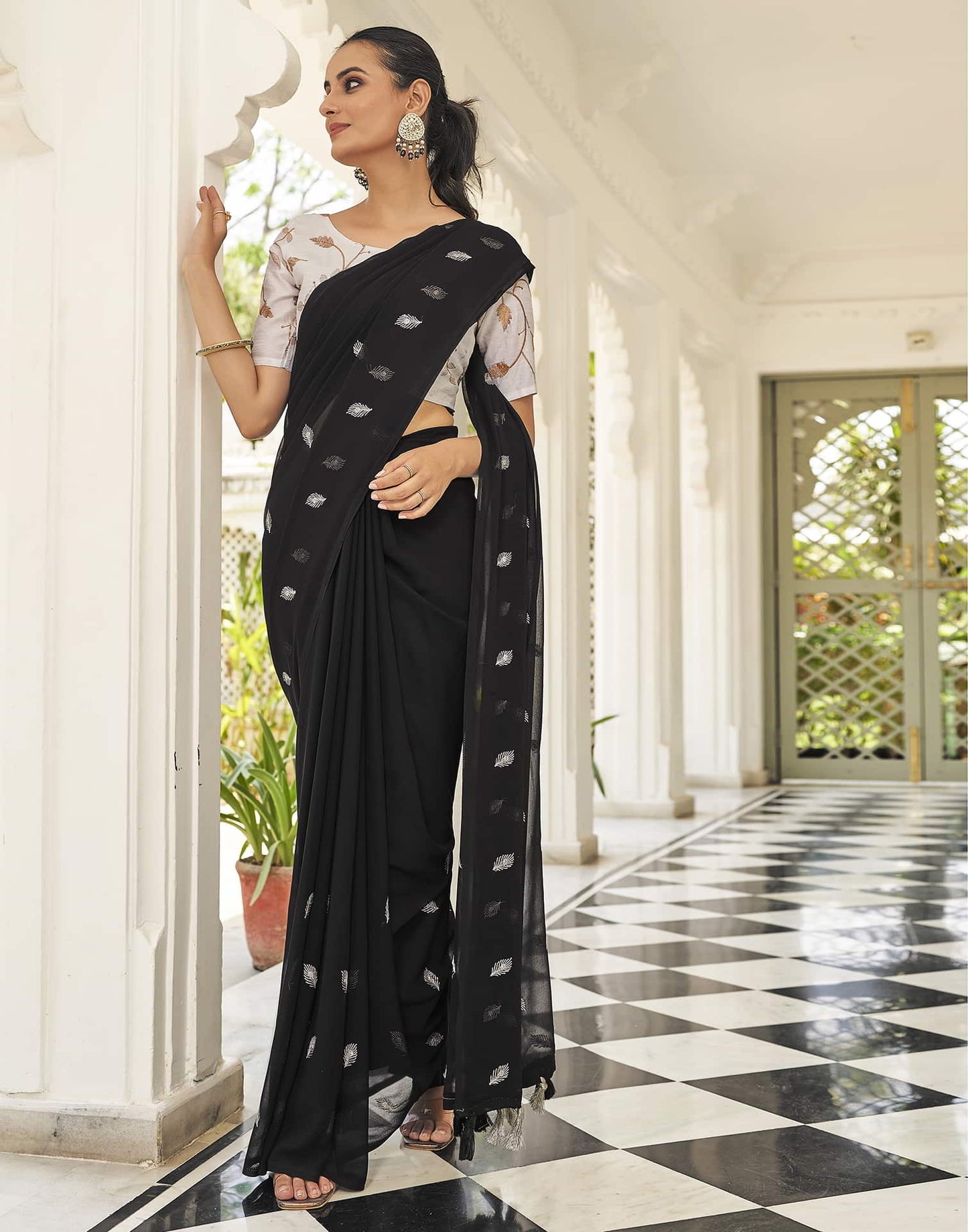 Black Printed Georgette Embroidery Saree