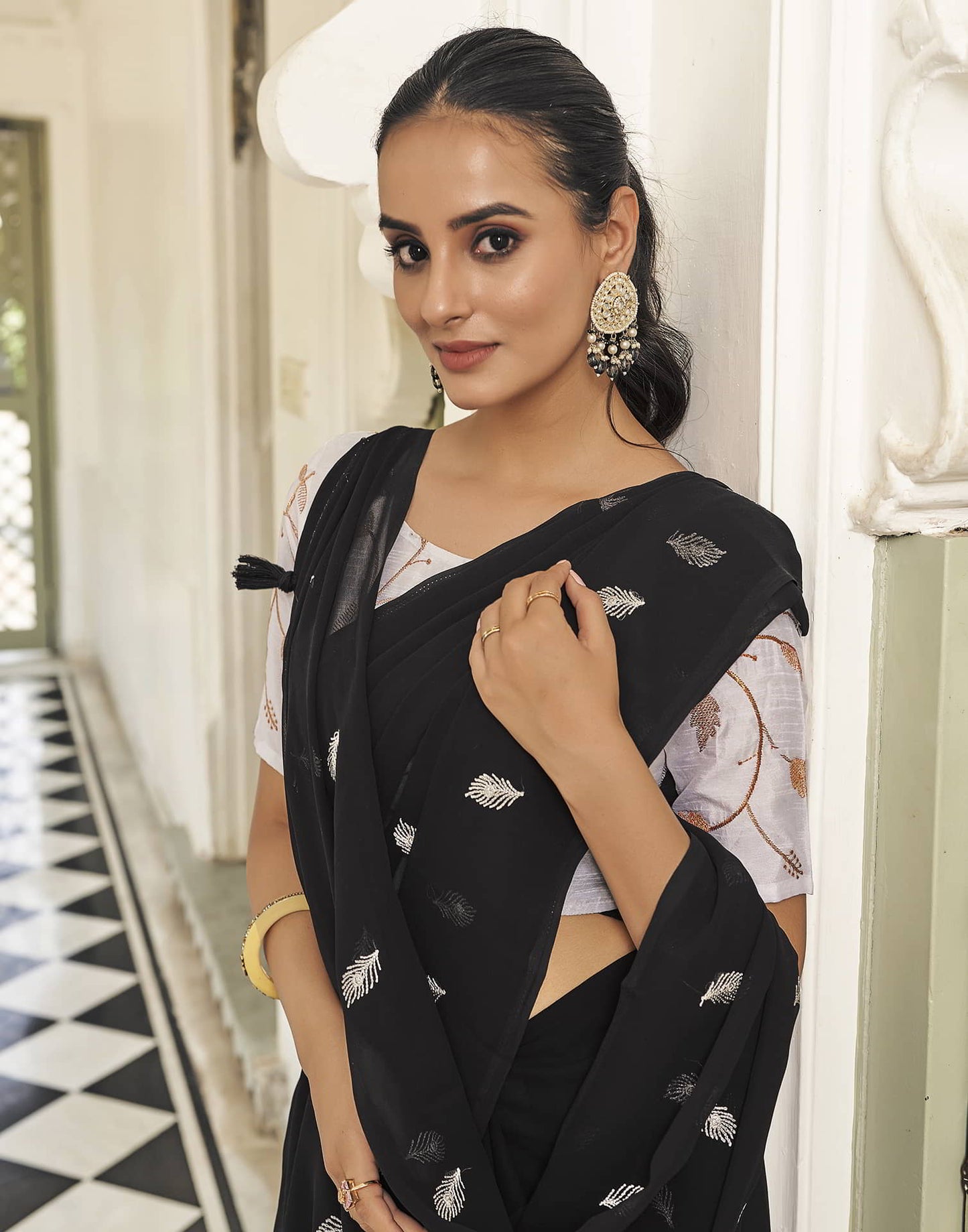 Black Printed Georgette Embroidery Saree