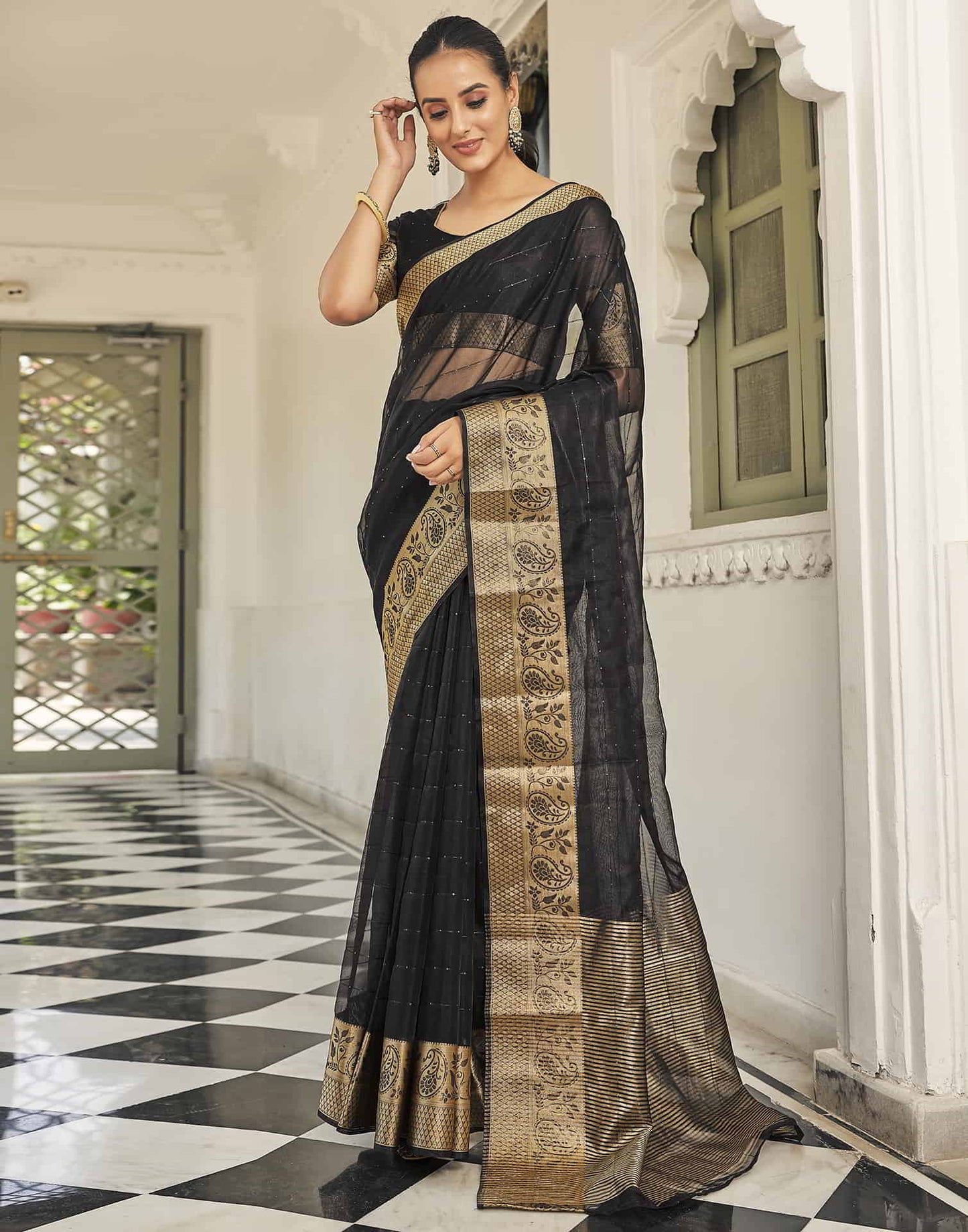 Black Organza Woven Saree