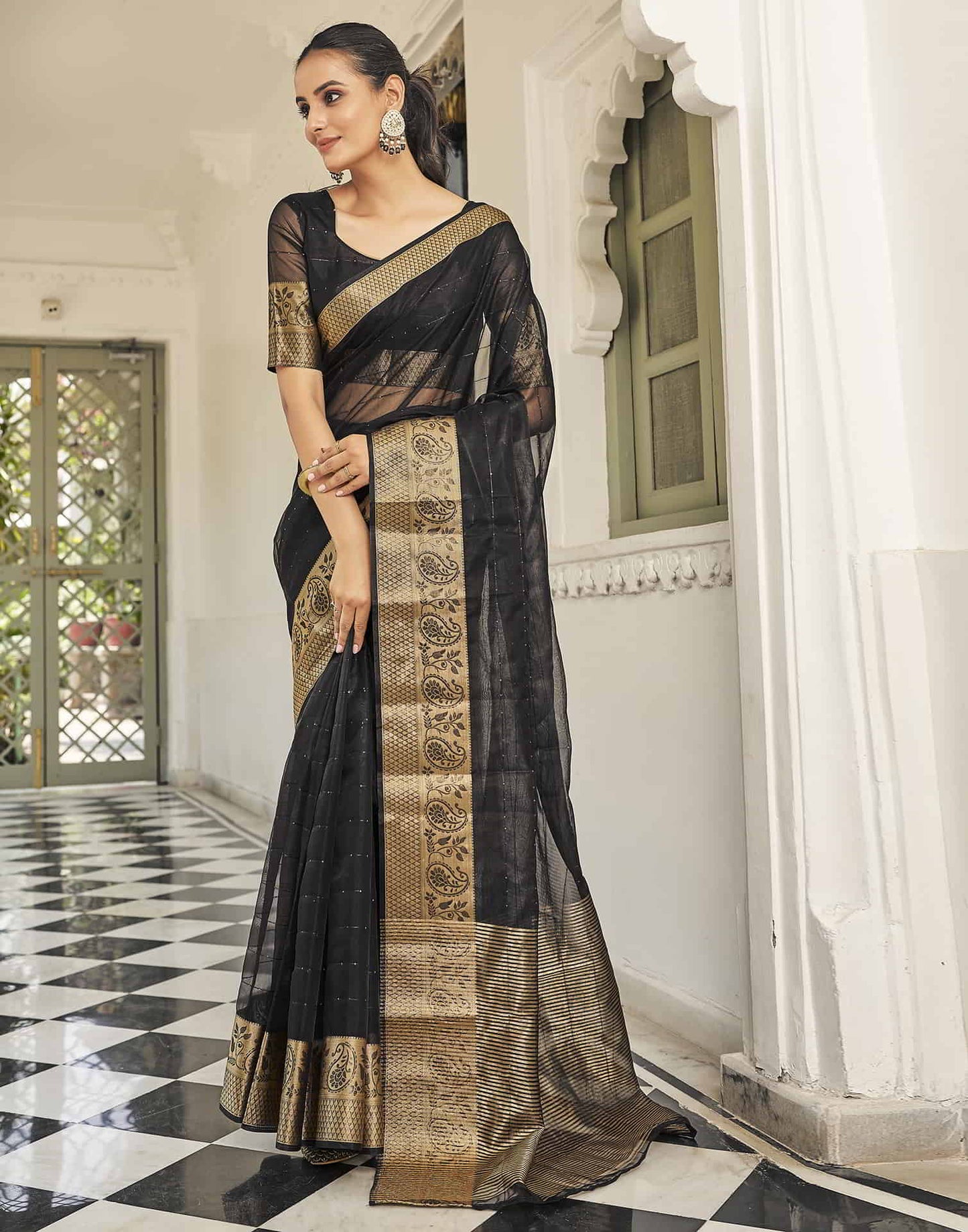 Black Organza Woven Saree