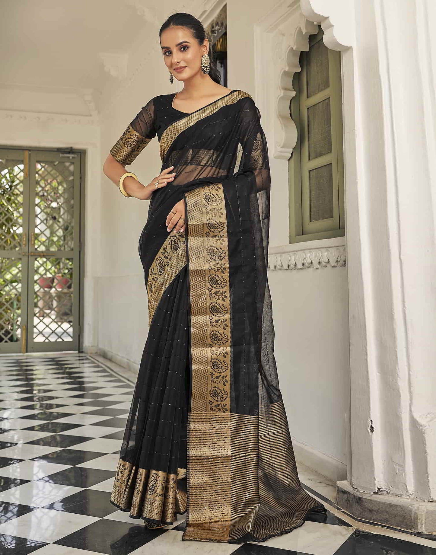 Black Organza Woven Saree