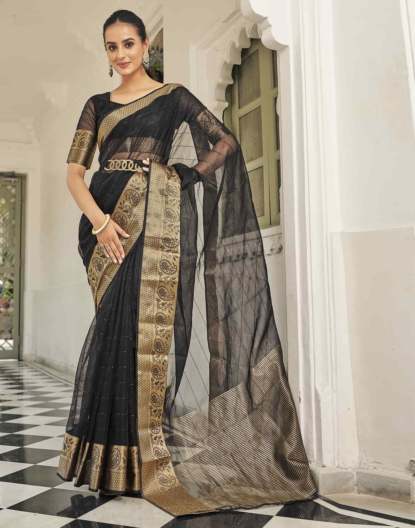 Black Organza Woven Saree