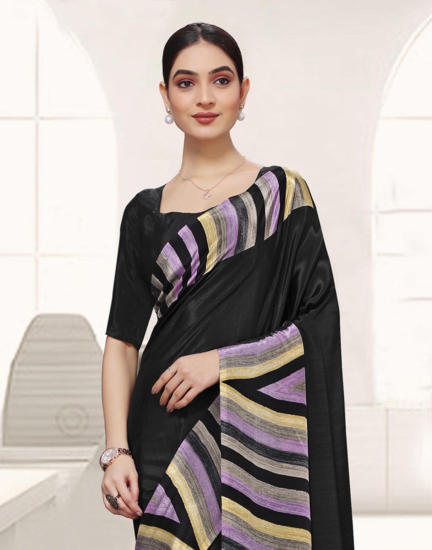 Black Polyester Printed Saree