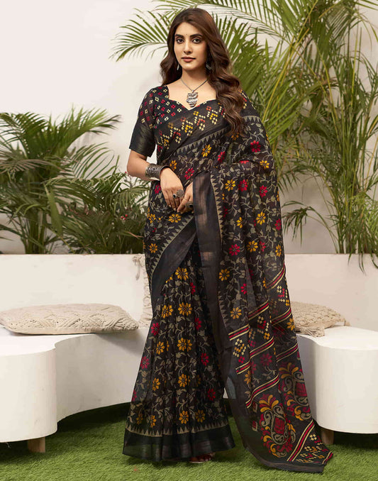 Black Cotton Printed Saree