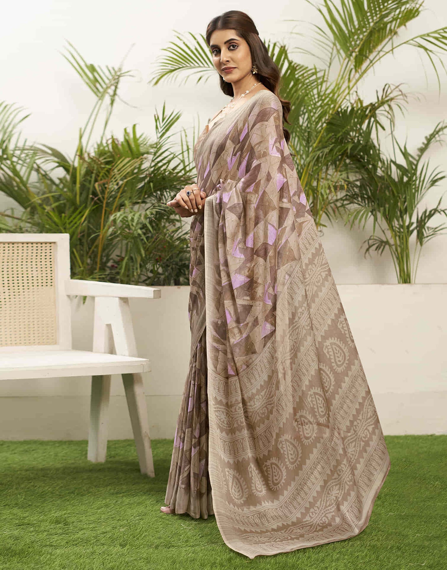 Beige Chiffon Printed Saree