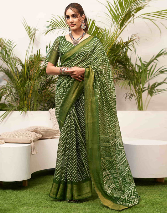 Green Cotton Printed Saree