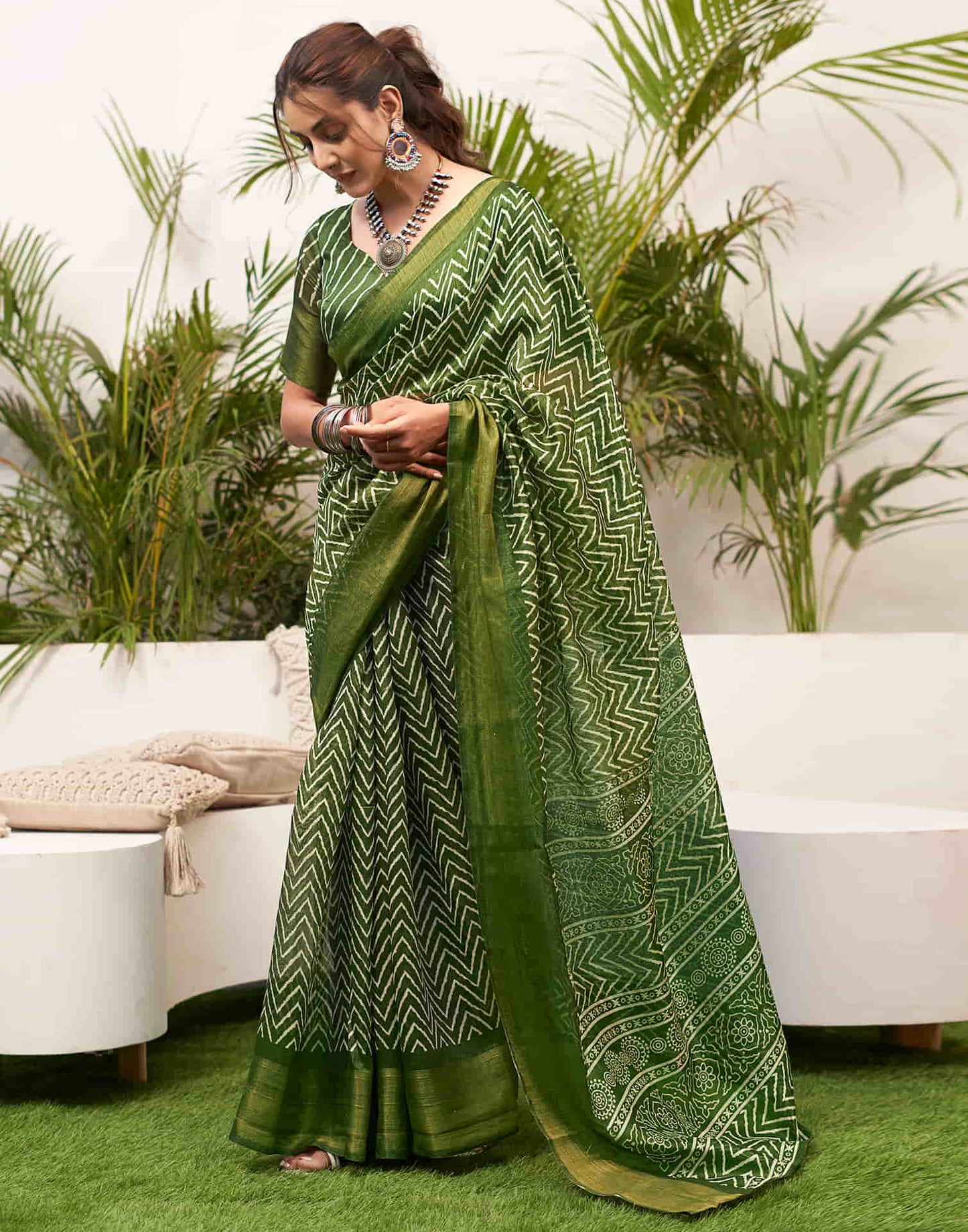 Green Cotton Printed Saree