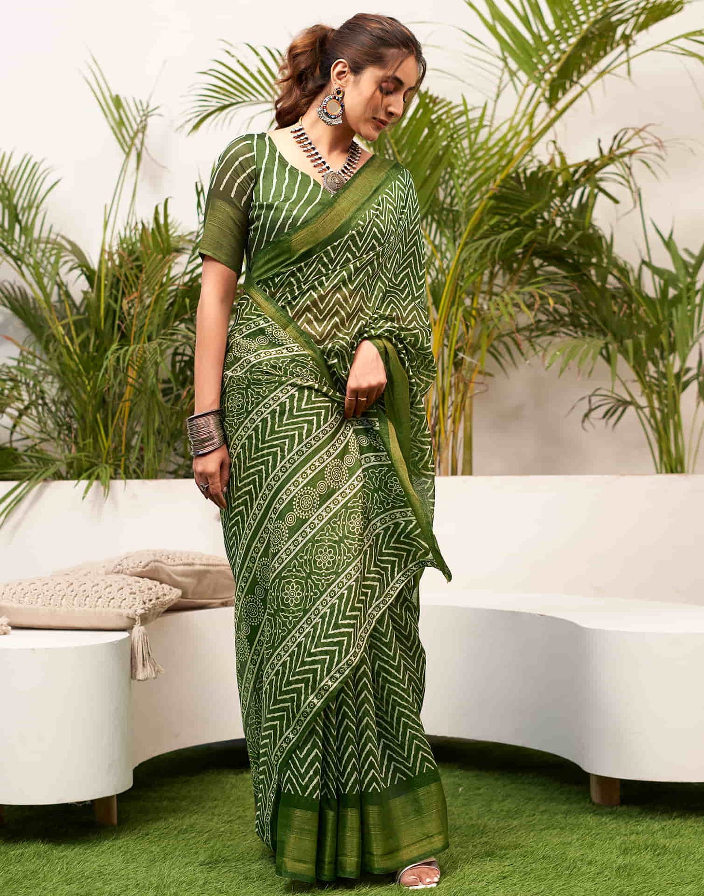 Green Cotton Printed Saree