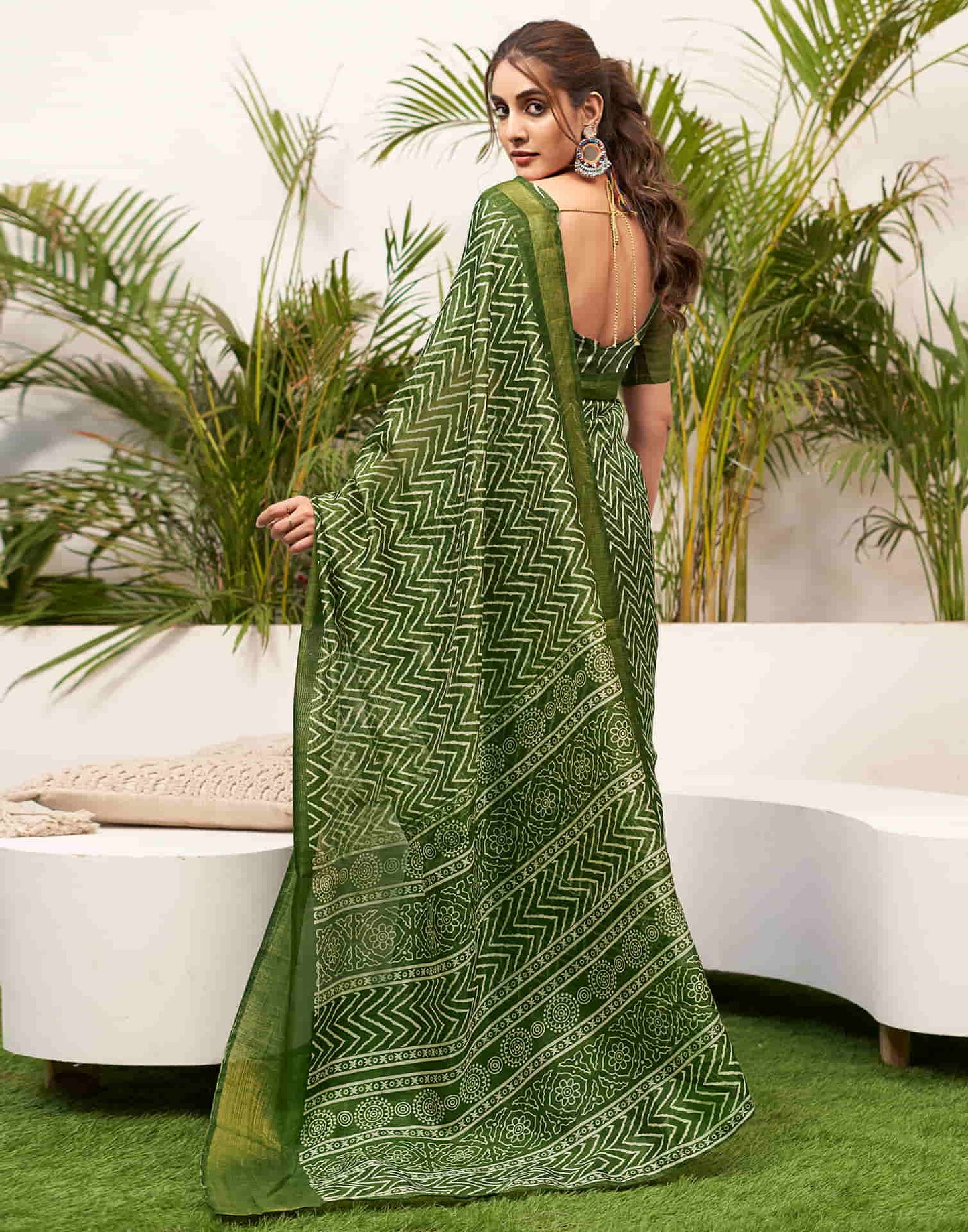 Green Cotton Printed Saree