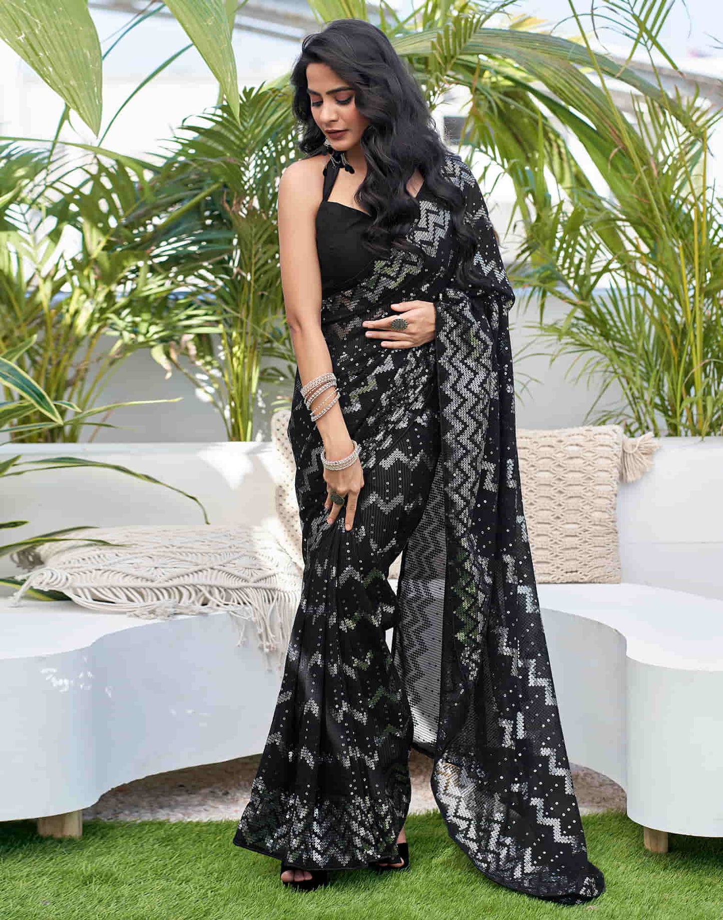 Black Georgette Sequence Saree