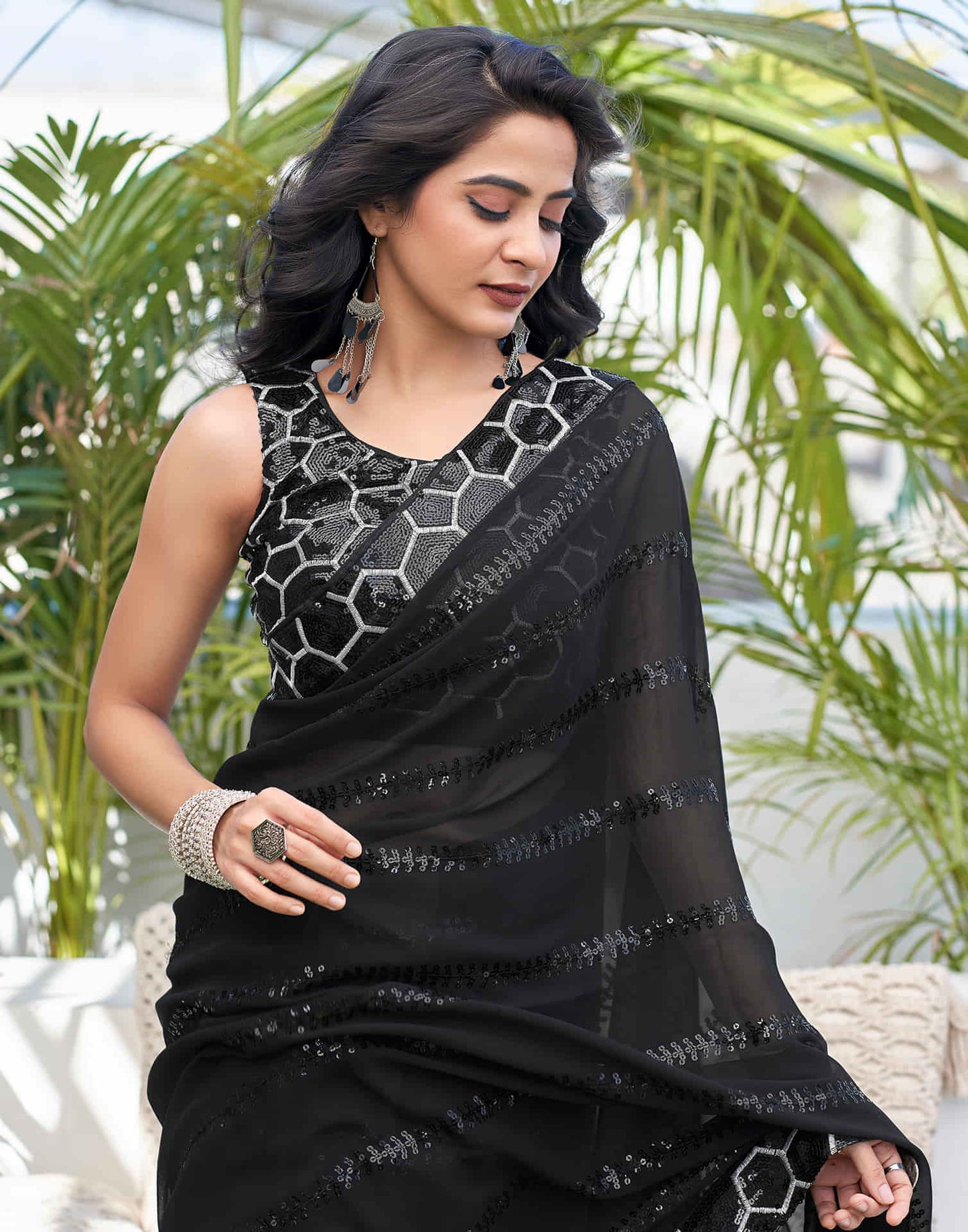 Black Georgette Sequence Saree