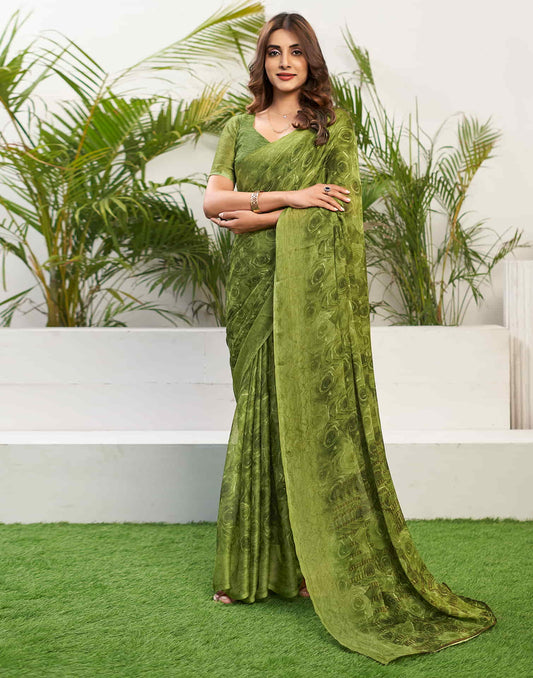 Olive Green Chiffon Printed Saree