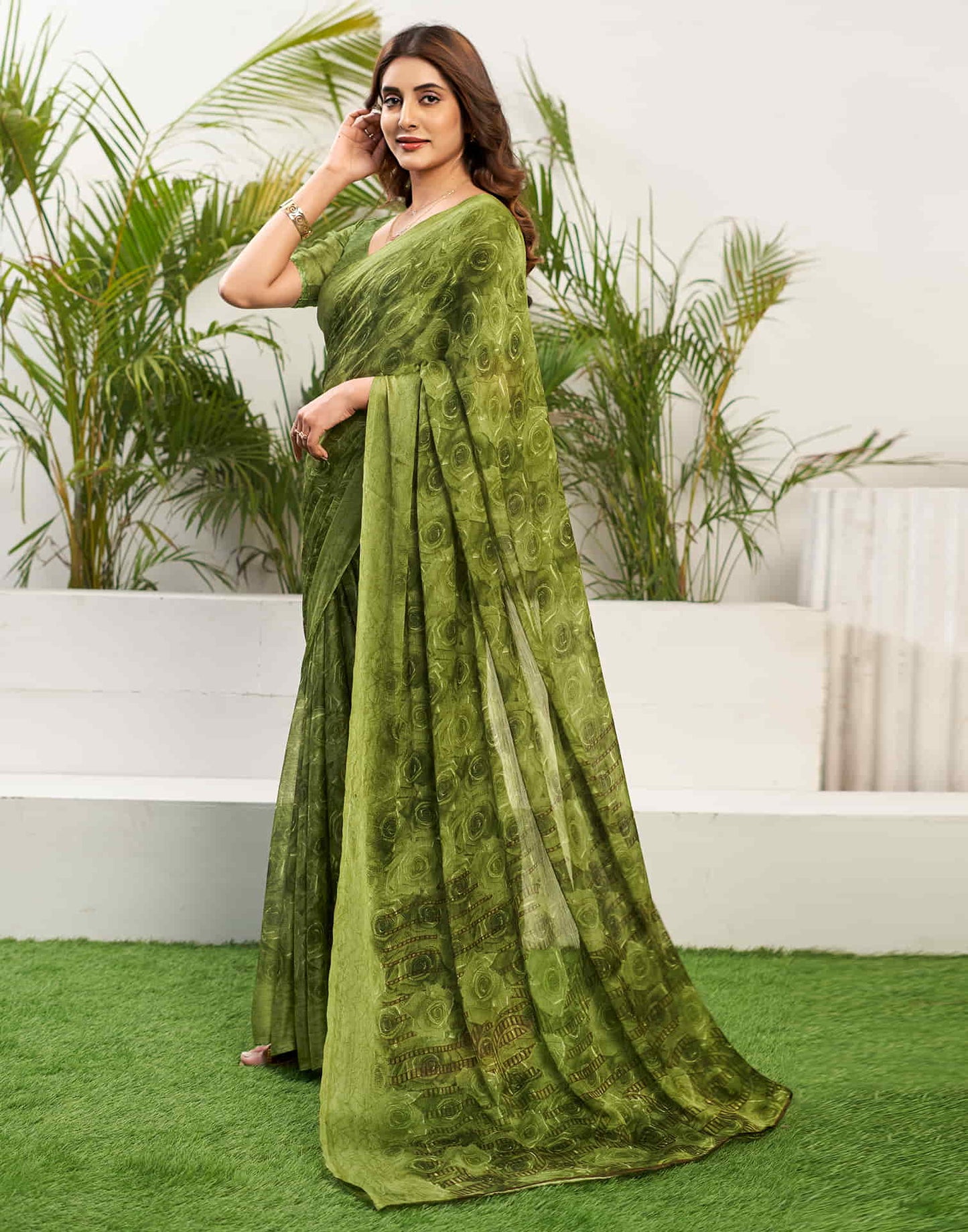 Olive Green Chiffon Printed Saree