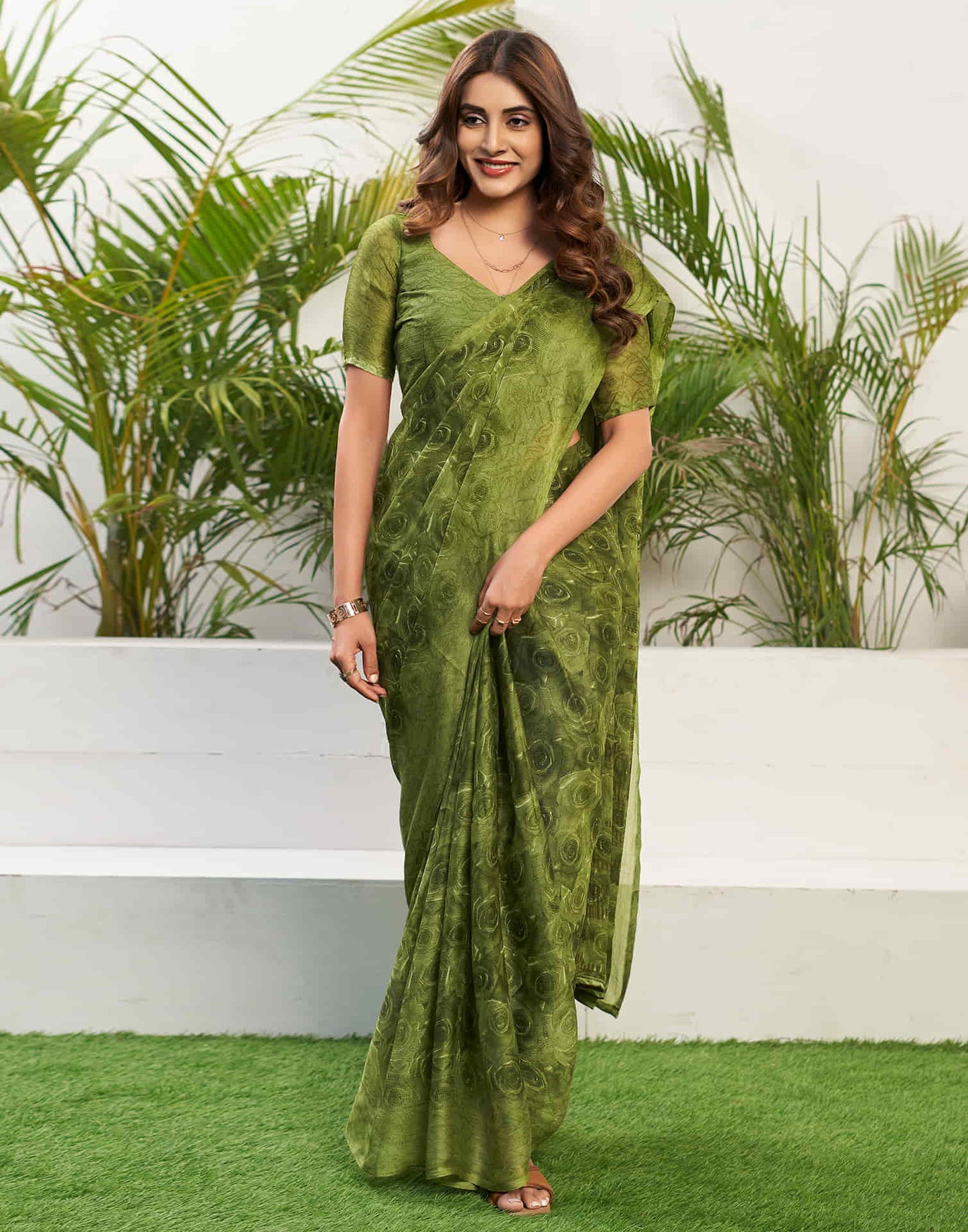 Olive Green Chiffon Printed Saree