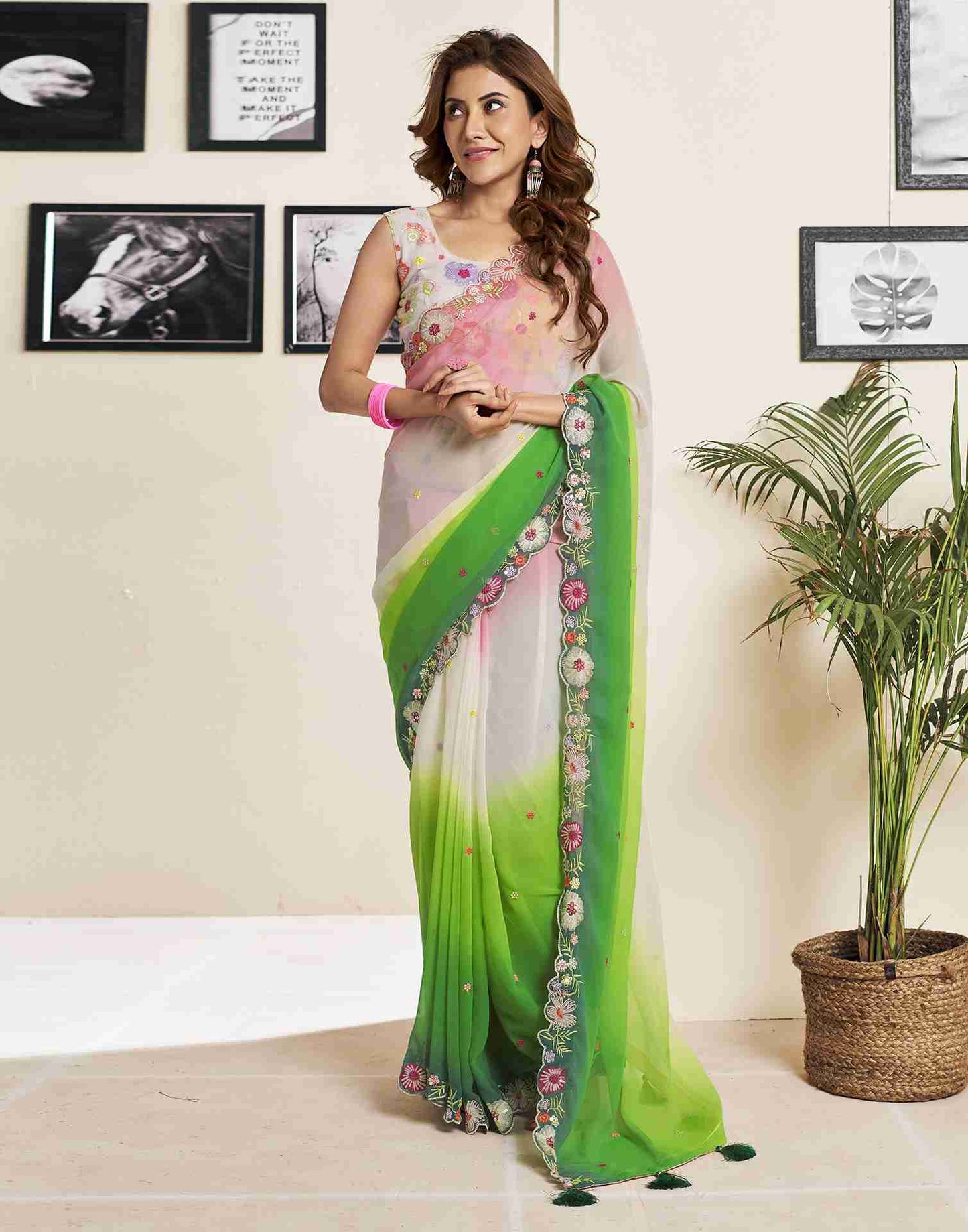 Green Georgette Plain Embroidery Saree