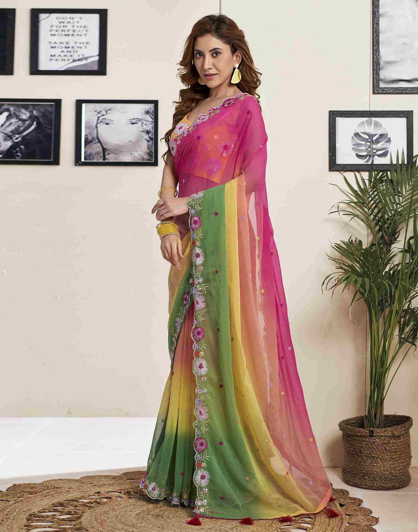 Green Georgette Plain Embroidery Saree