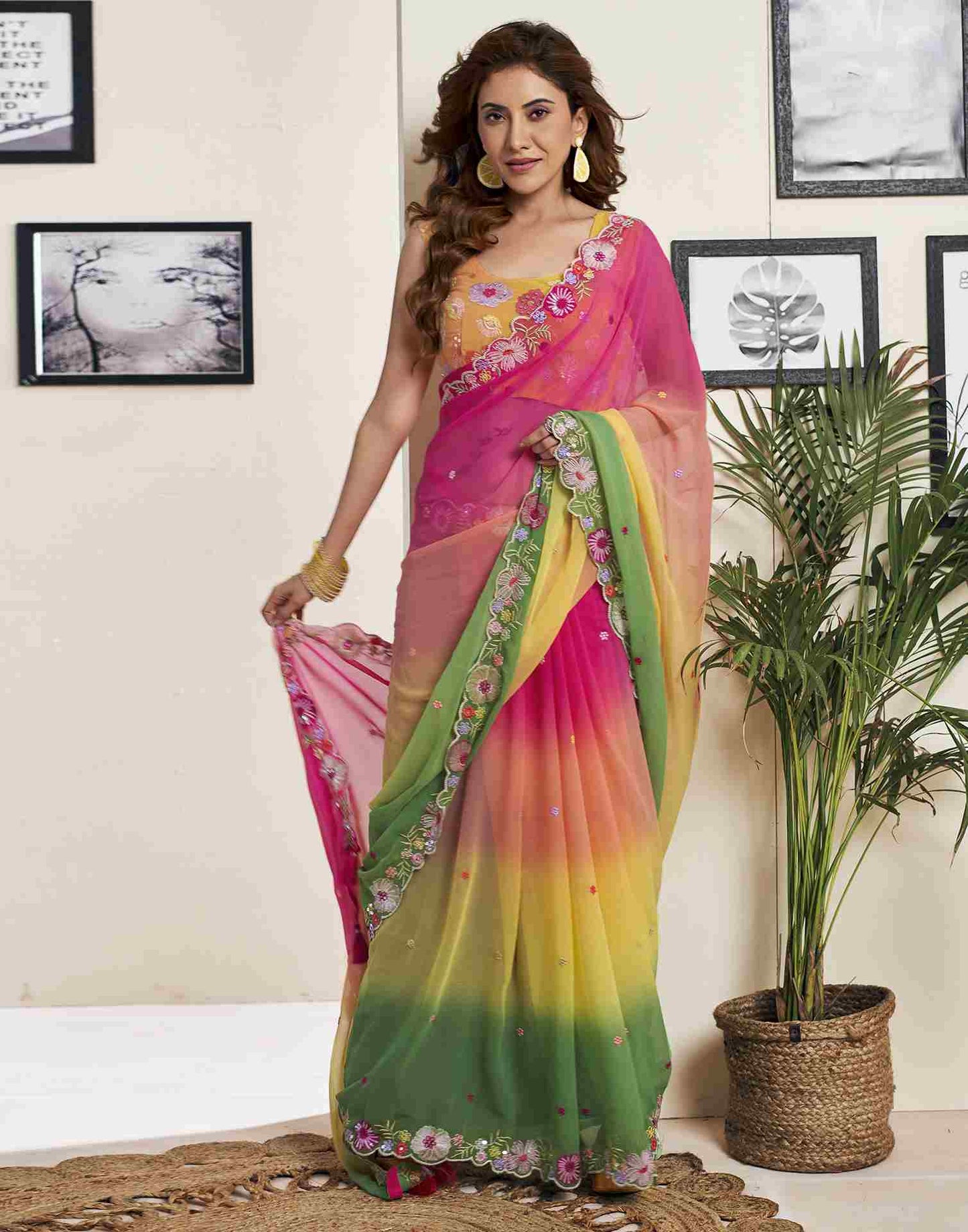 Green Georgette Plain Embroidery Saree