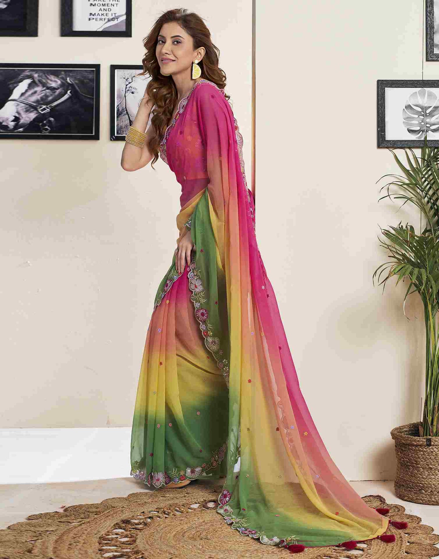 Green Georgette Plain Embroidery Saree