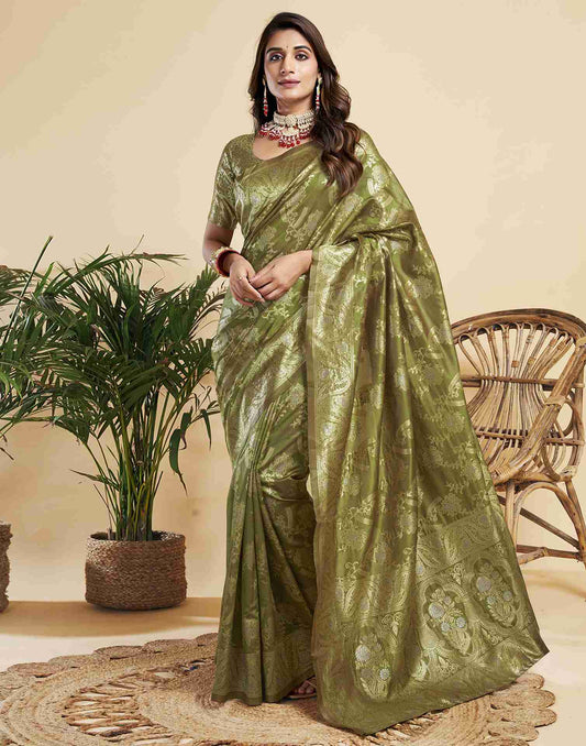 Olive Floral Banarasi Silk Saree