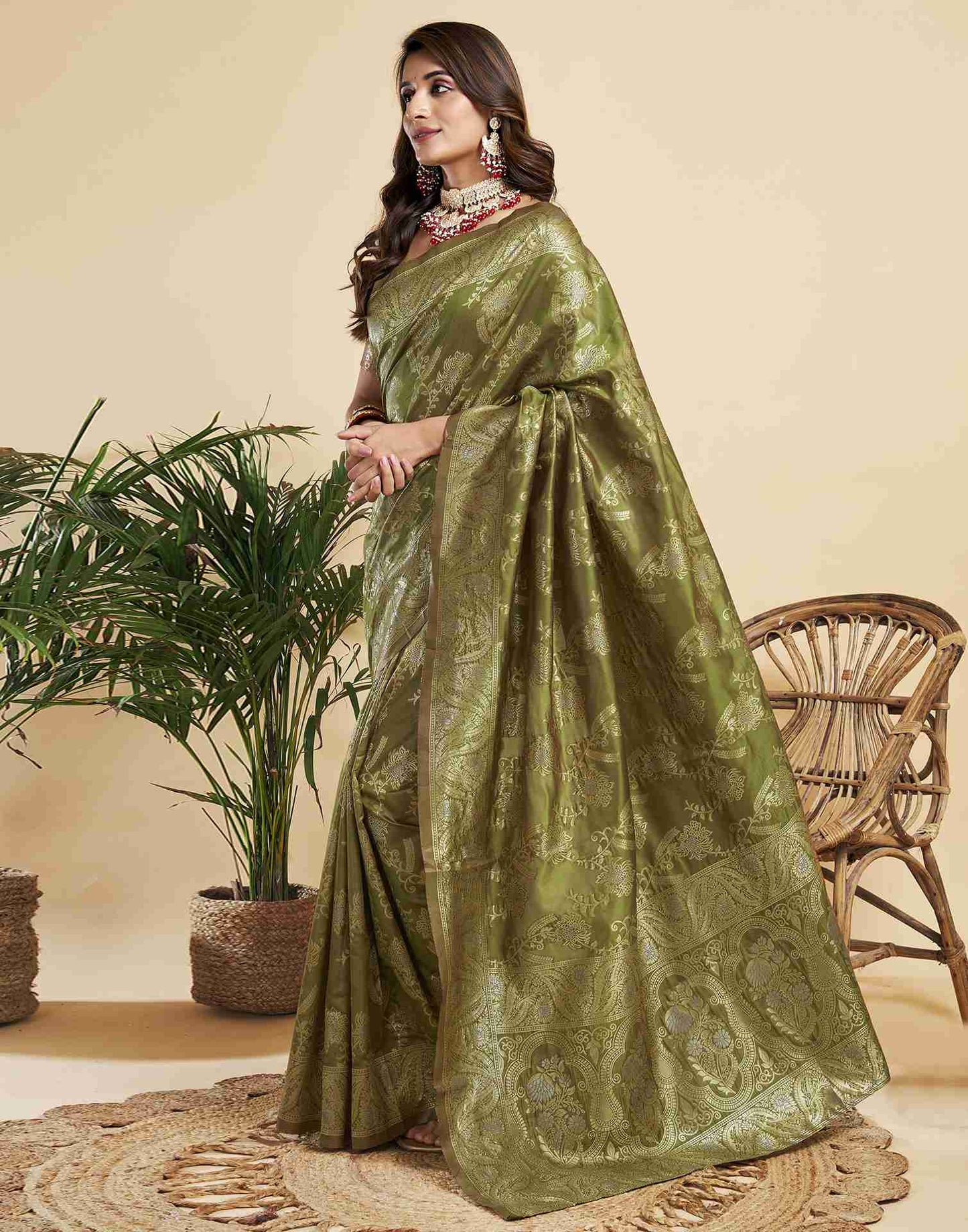 Olive Floral Banarasi Silk Saree