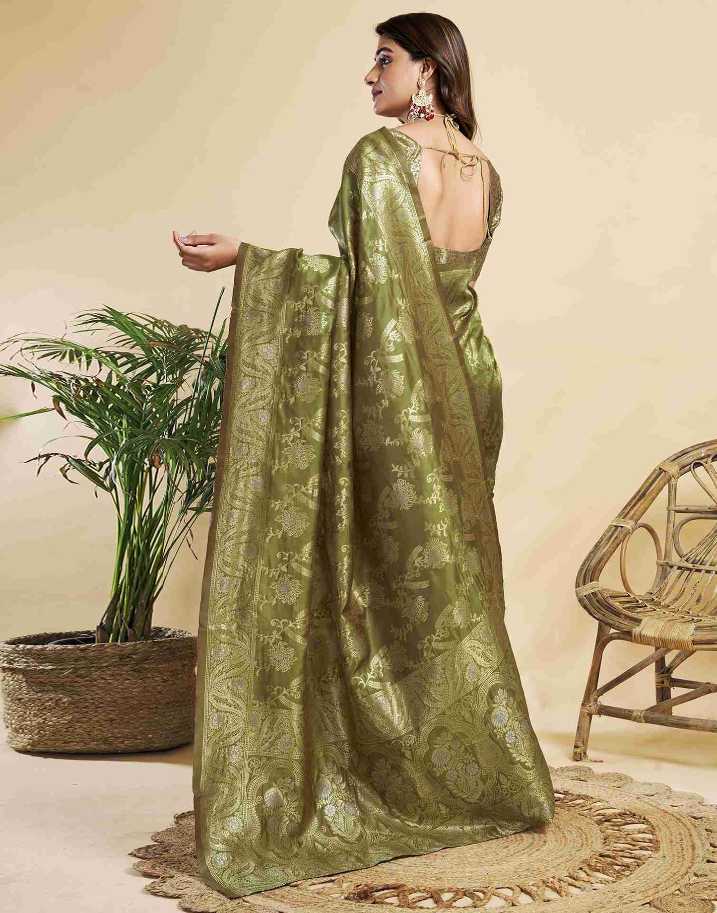 Olive Floral Banarasi Silk Saree