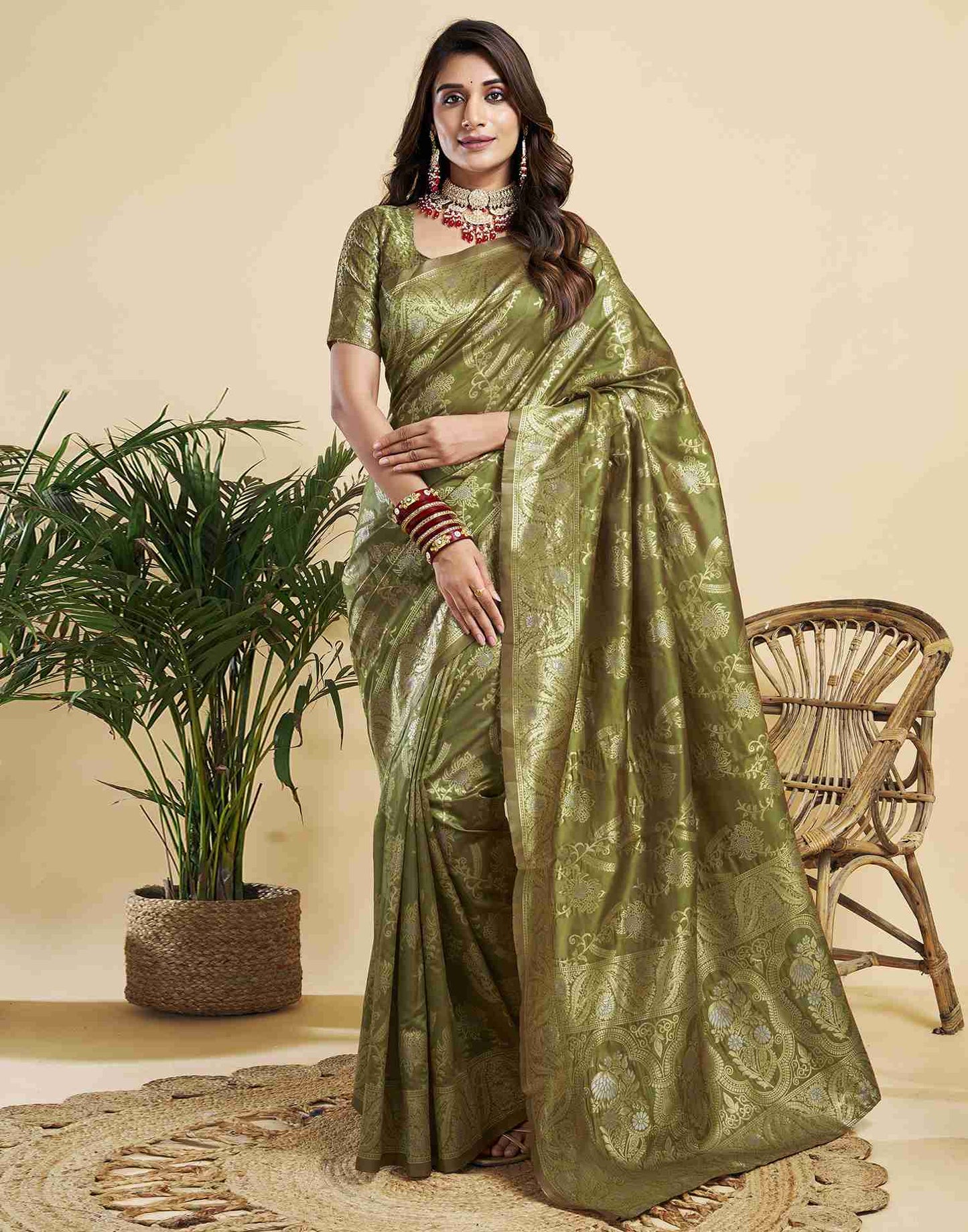 Olive Floral Banarasi Silk Saree