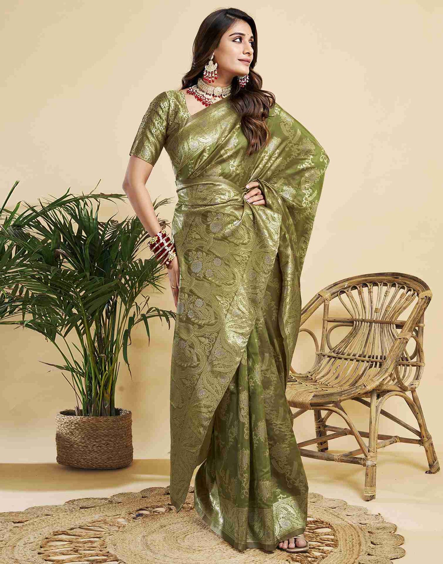 Olive Floral Banarasi Silk Saree