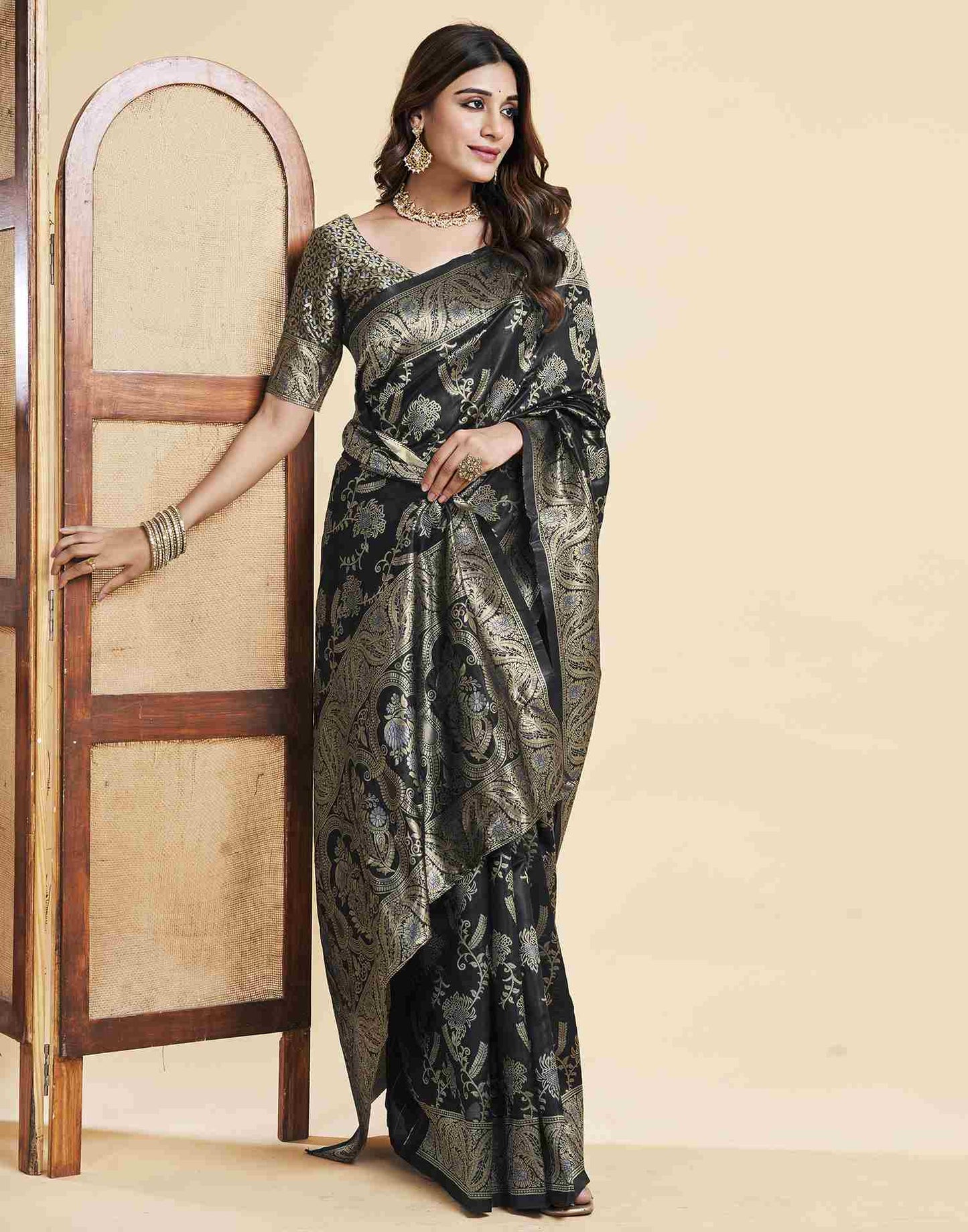 Black Floral Banarasi Silk Saree