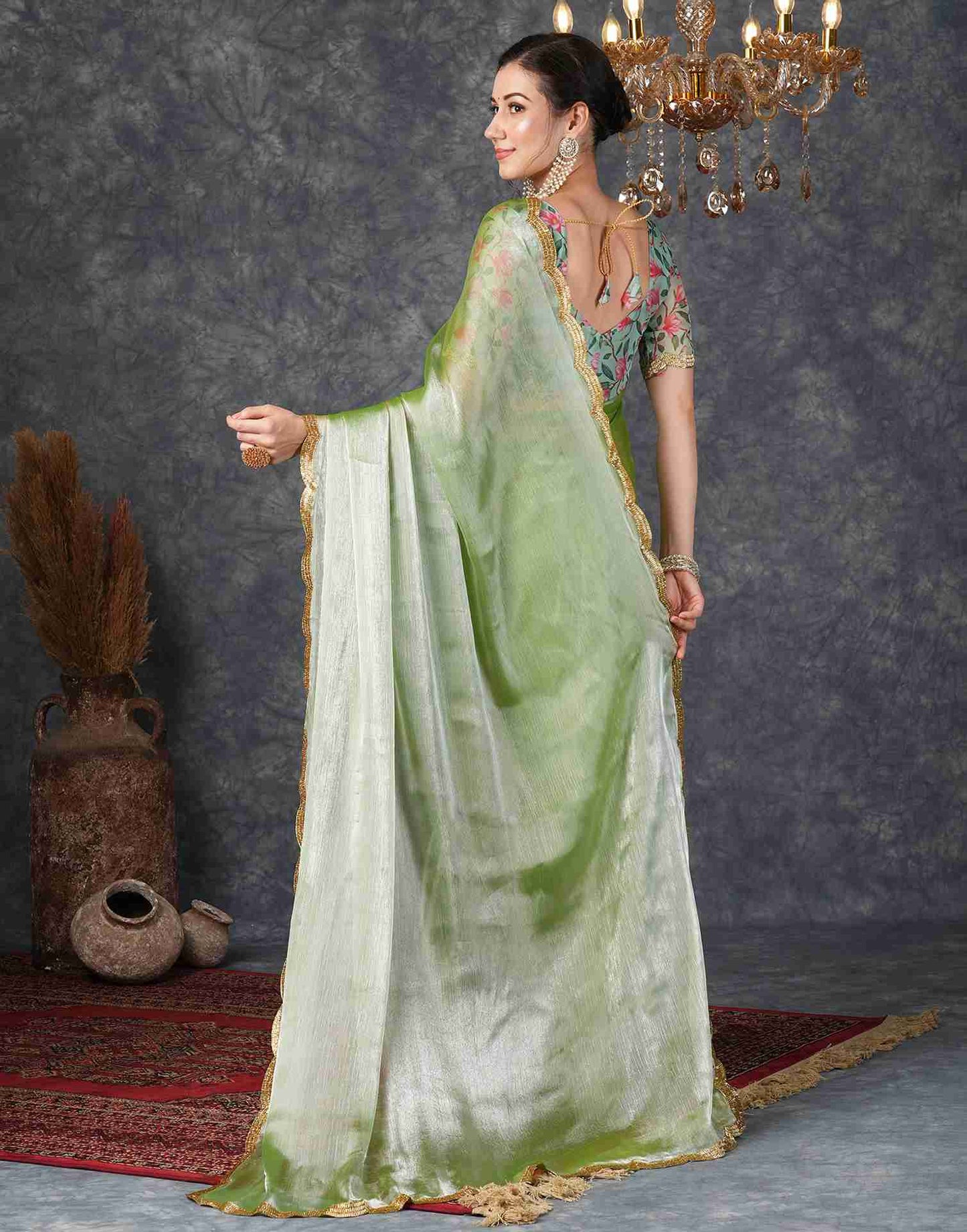 Green Chiffon Plain Jimmy Choo Saree