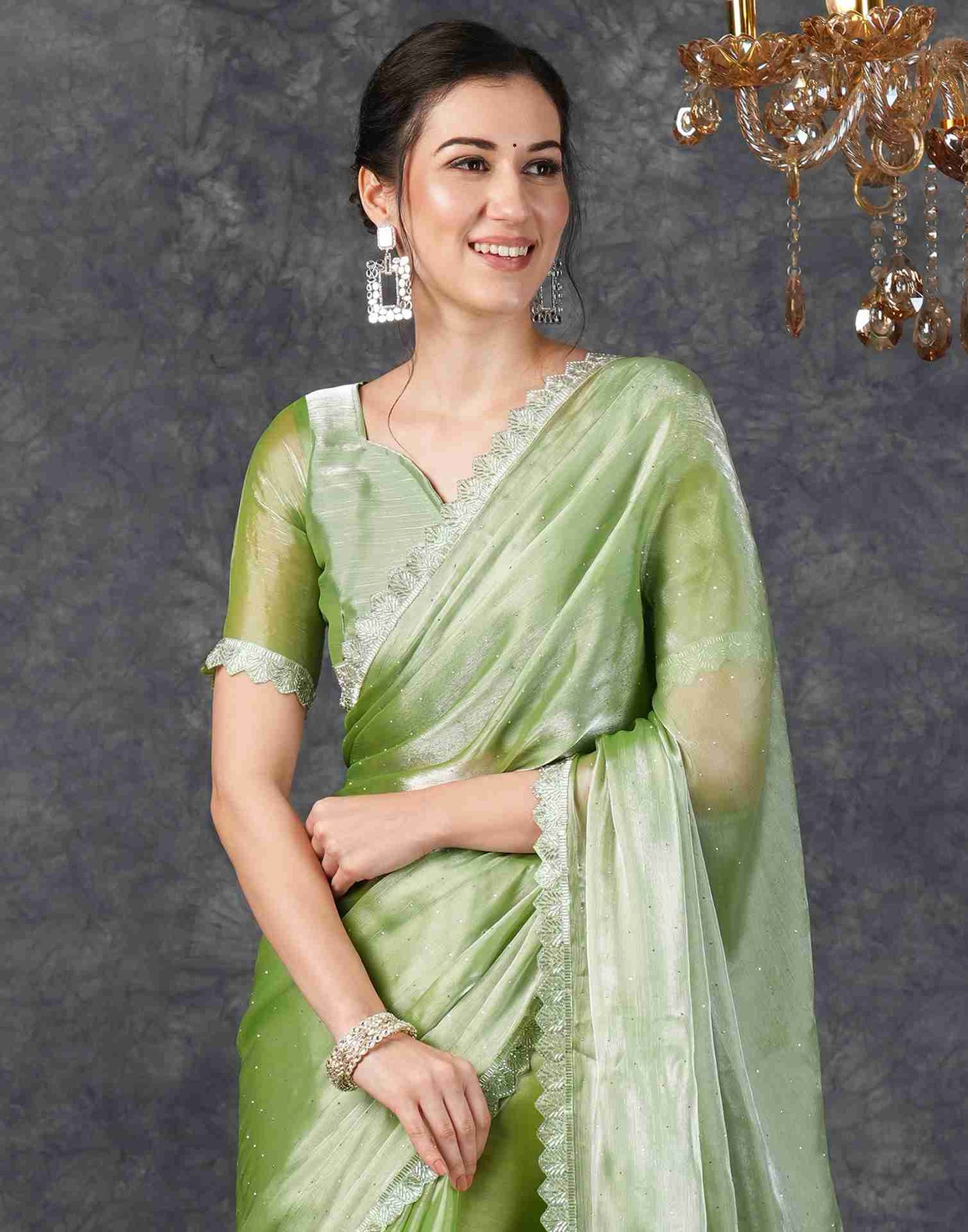 Green Chiffon Plain Jimmy Choo Saree