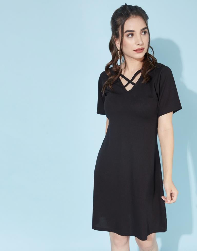 Black Deep Cris cross Neck Dress