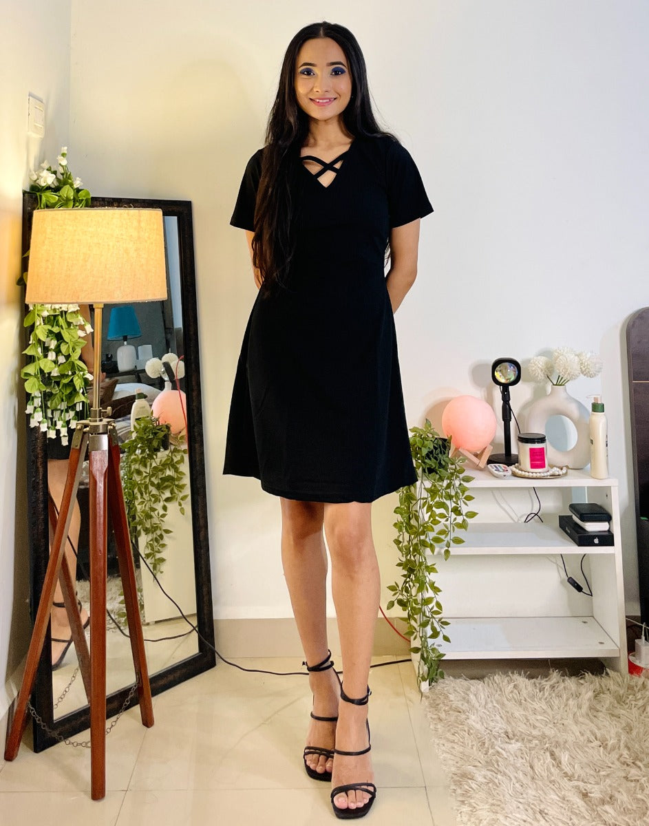 Black Deep Cris cross Neck Dress