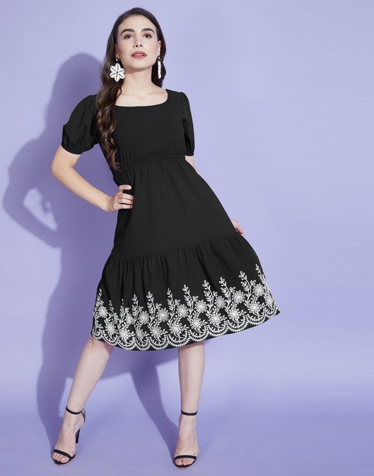 Black Embroidered A-line Dress