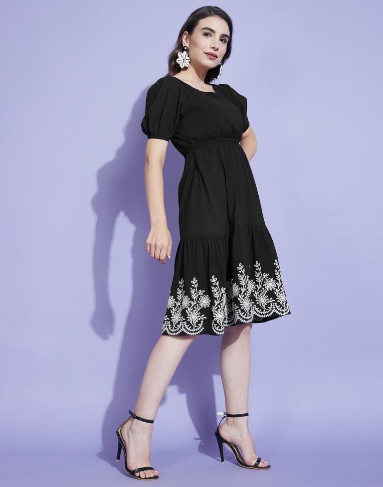 Black Embroidered A-line Dress