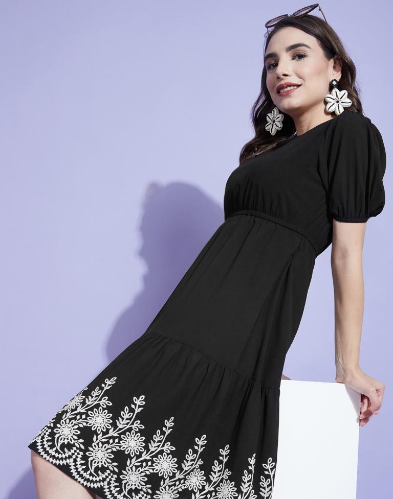 Black Embroidered A-line Dress