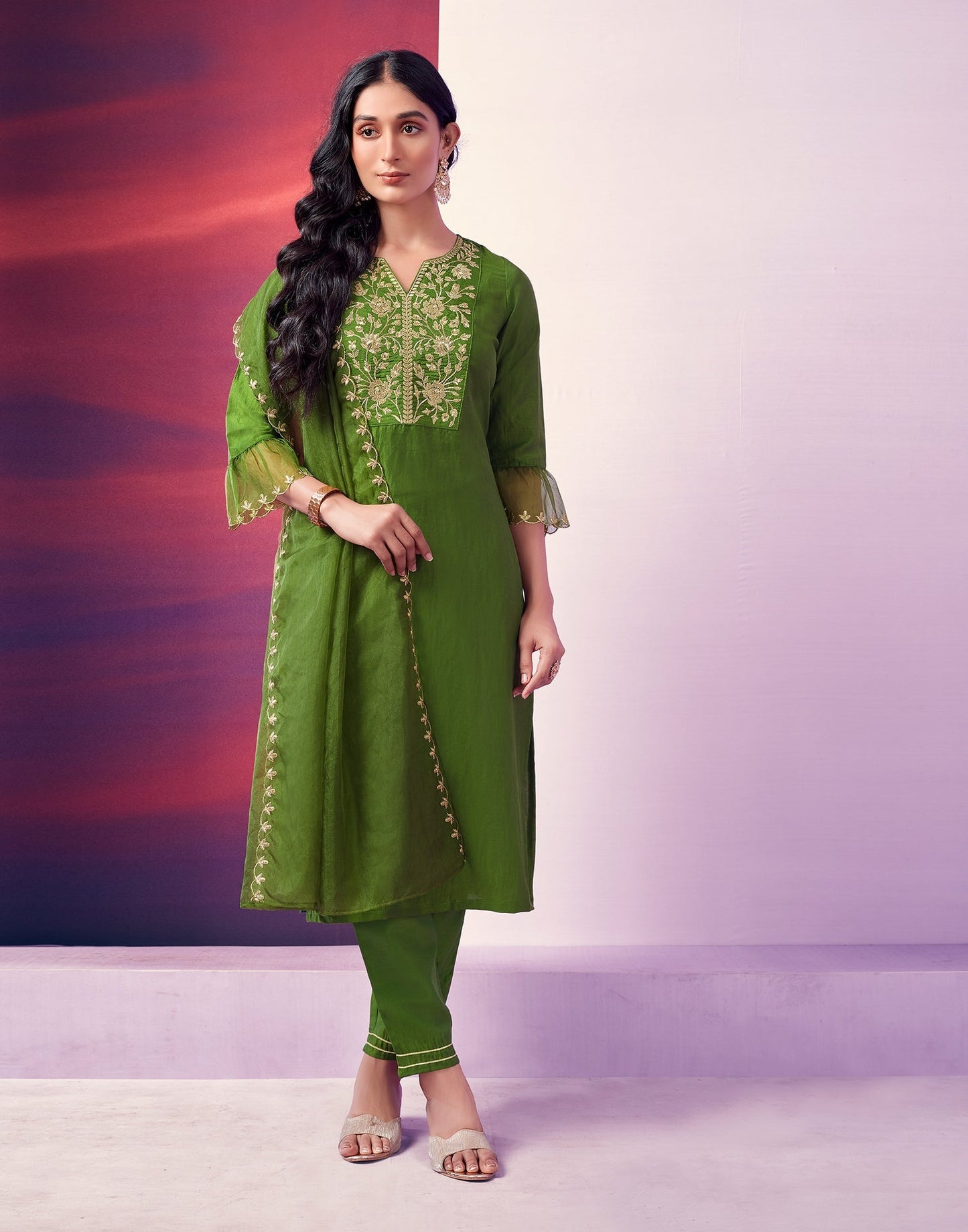 Green Kurti With Pant And Dupatta