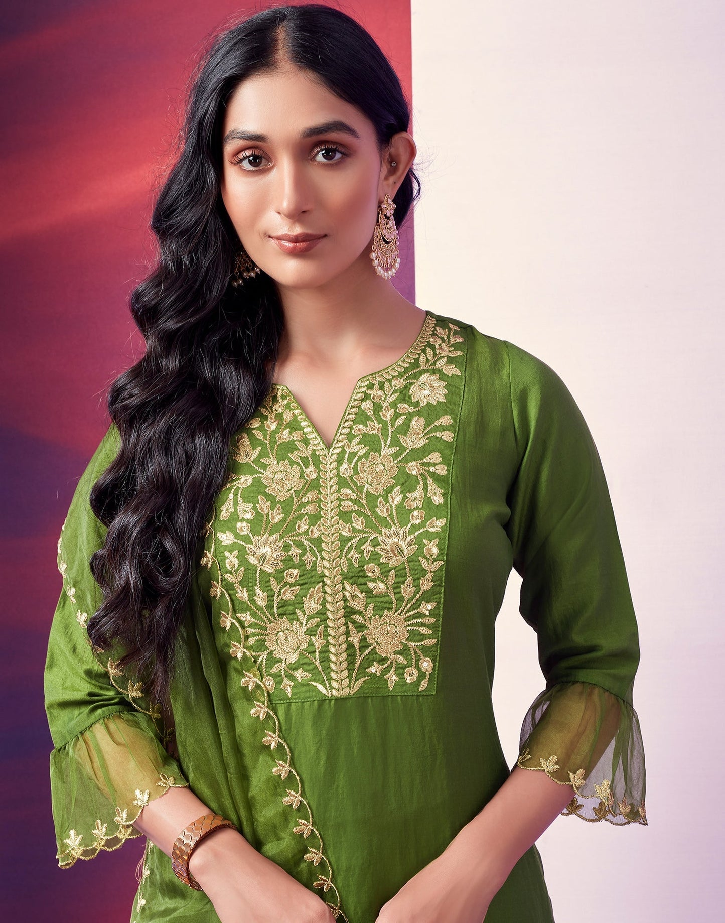 Green Kurti With Pant And Dupatta