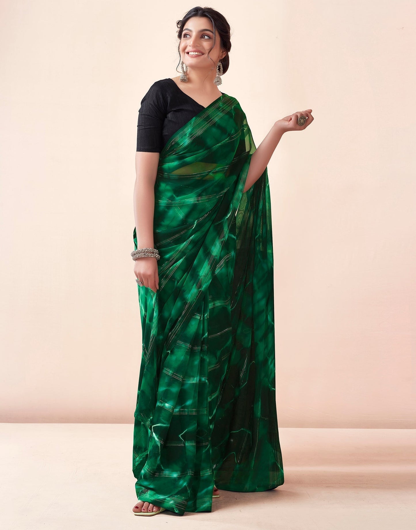 Green Georgette Printed Ready to Wear Saree