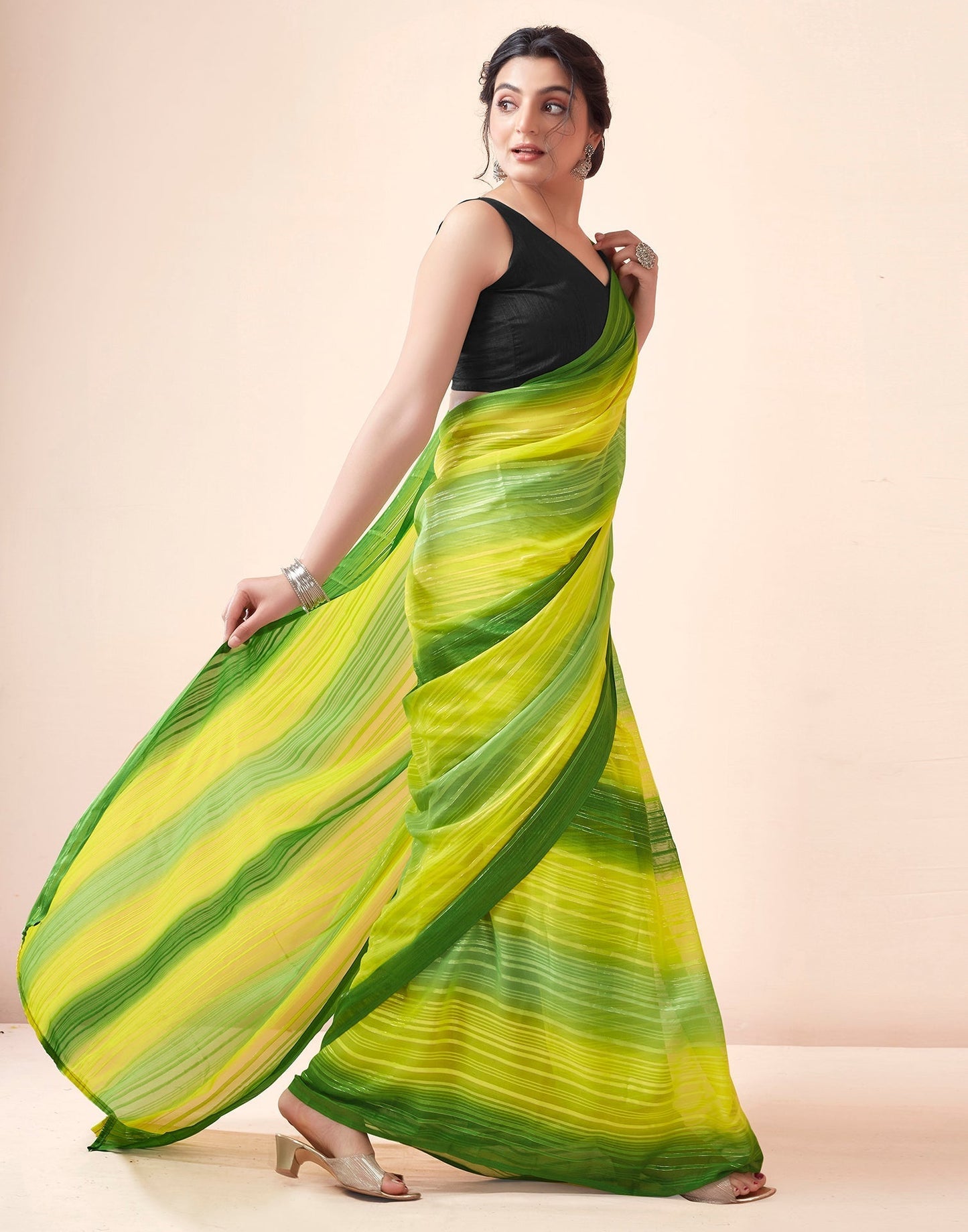 Green Georgette Printed Ready to Wear Saree