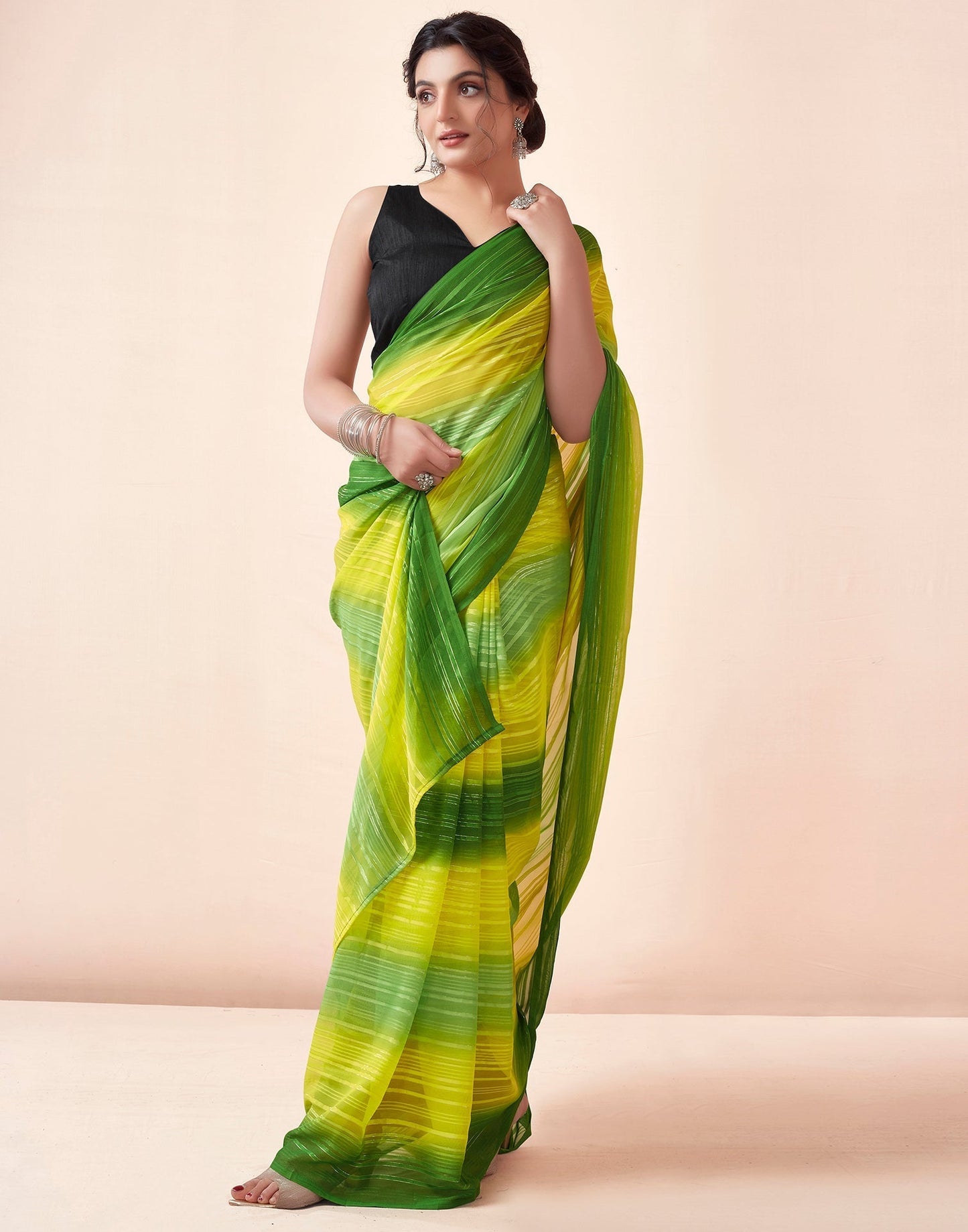 Green Georgette Printed Ready to Wear Saree