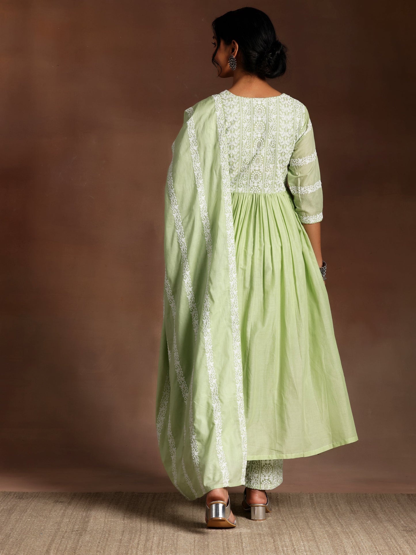 Green Embroidered Cotton A-Line Kurta With Palazzos & Dupatta